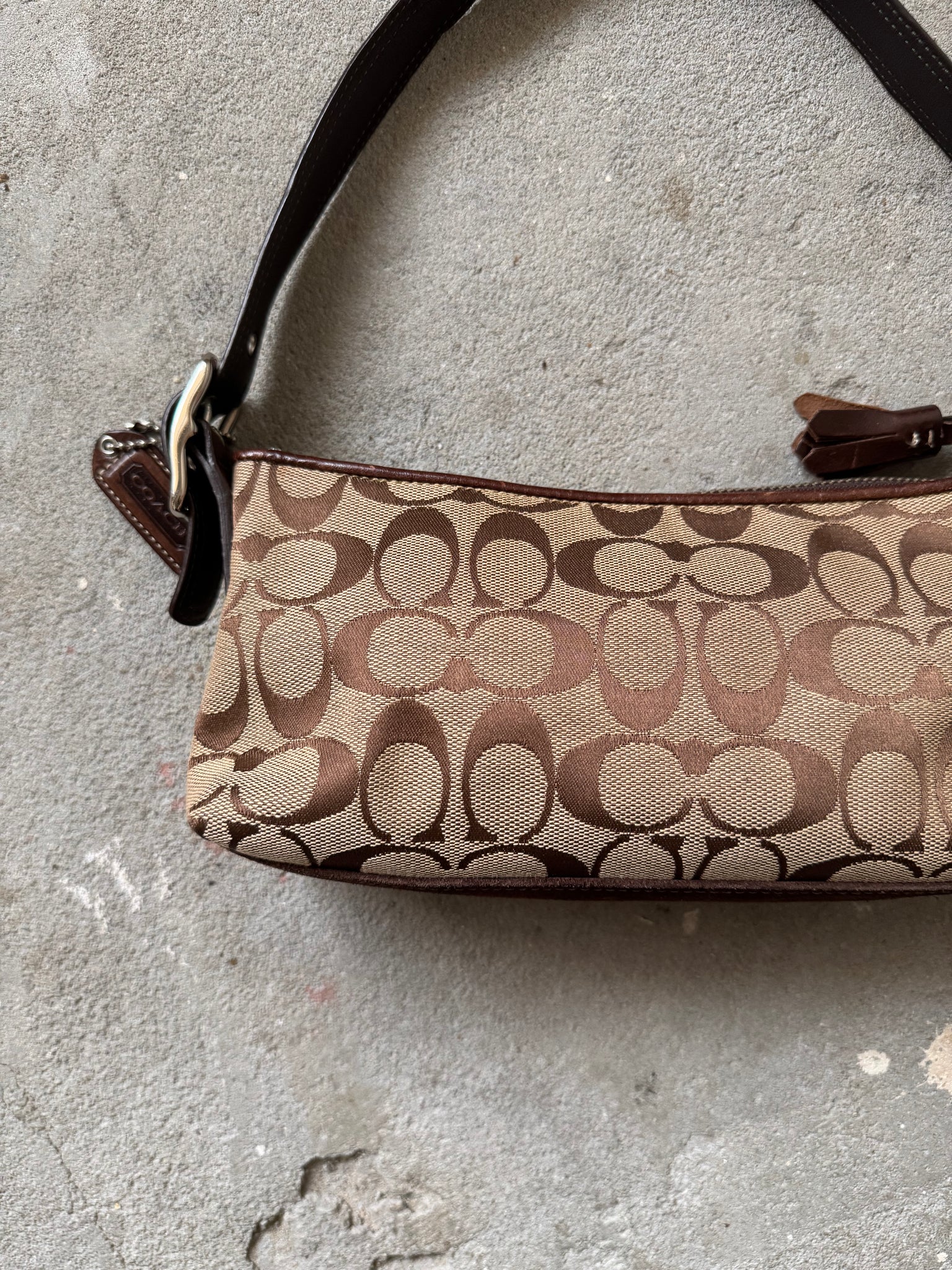 Coach Signature Hampton Strip Baguette Shoulder Bag Beige