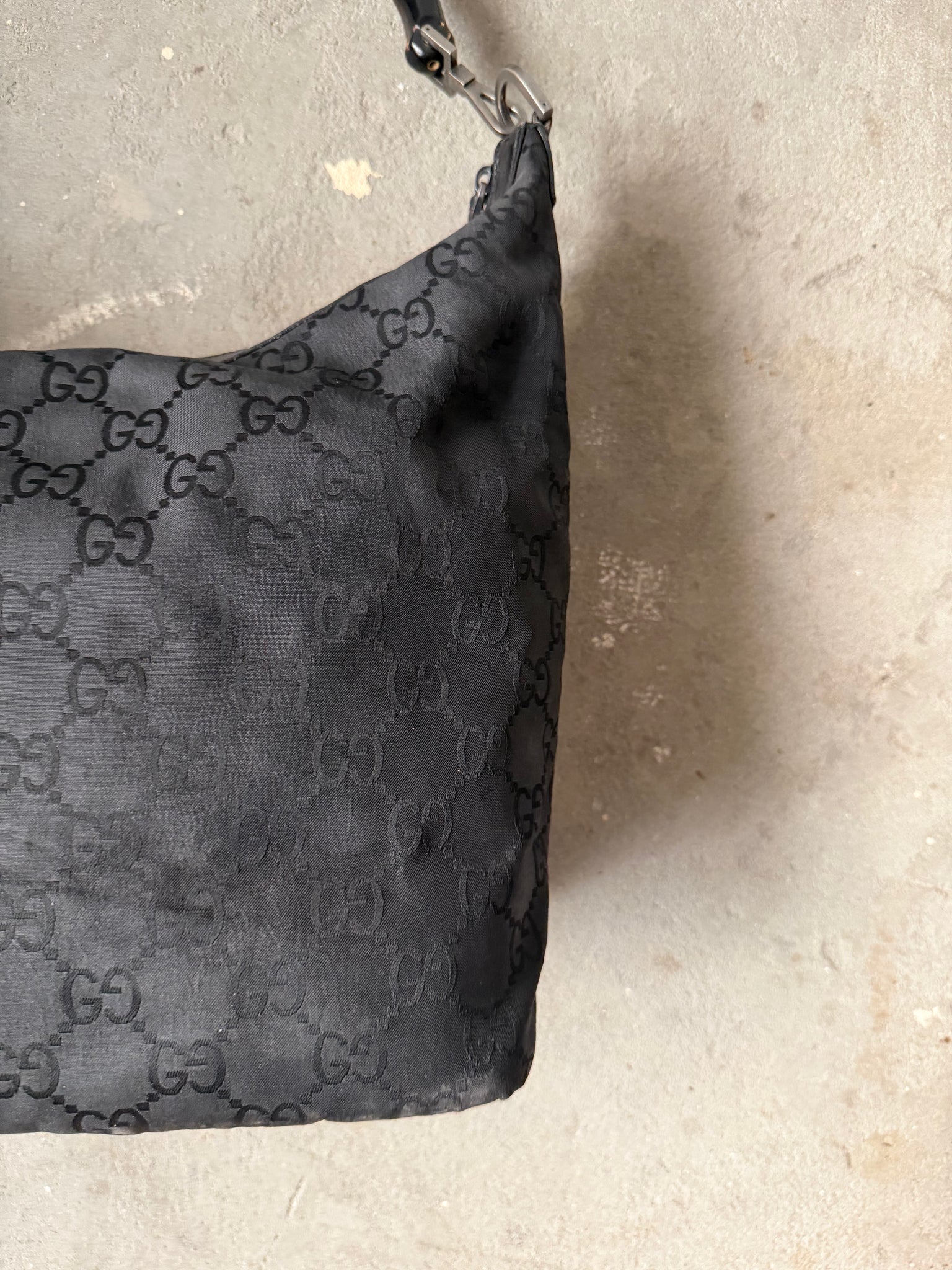 Gucci GG Monogram Bamboo Nylon Shoulder Bag Black