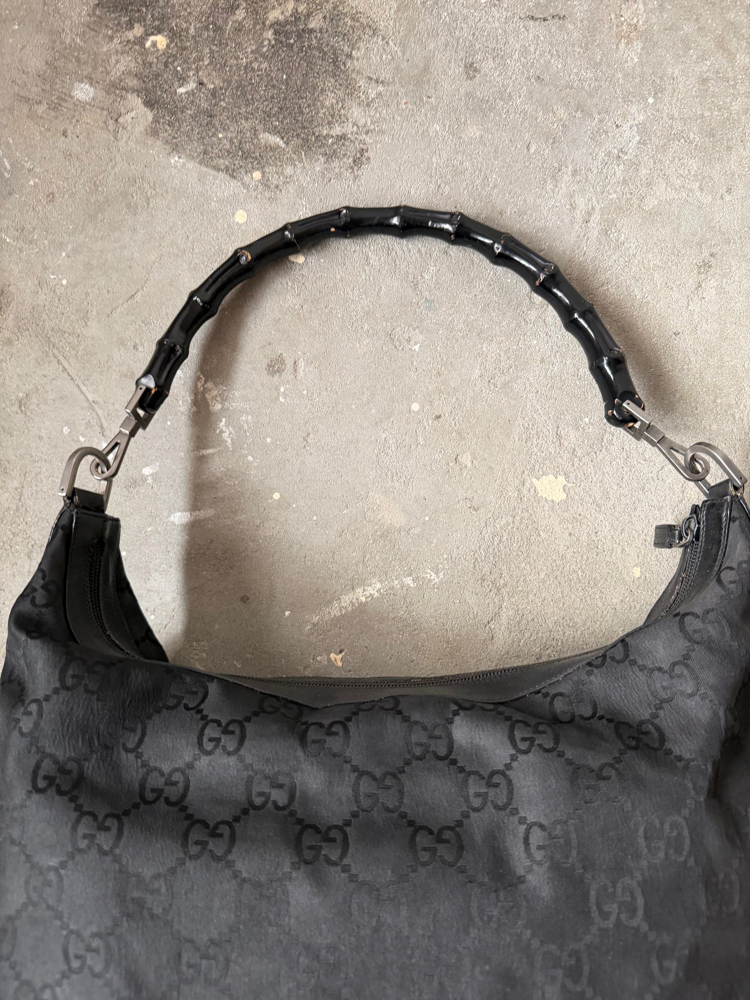 Gucci GG Monogram Bamboo Nylon Shoulder Bag Black