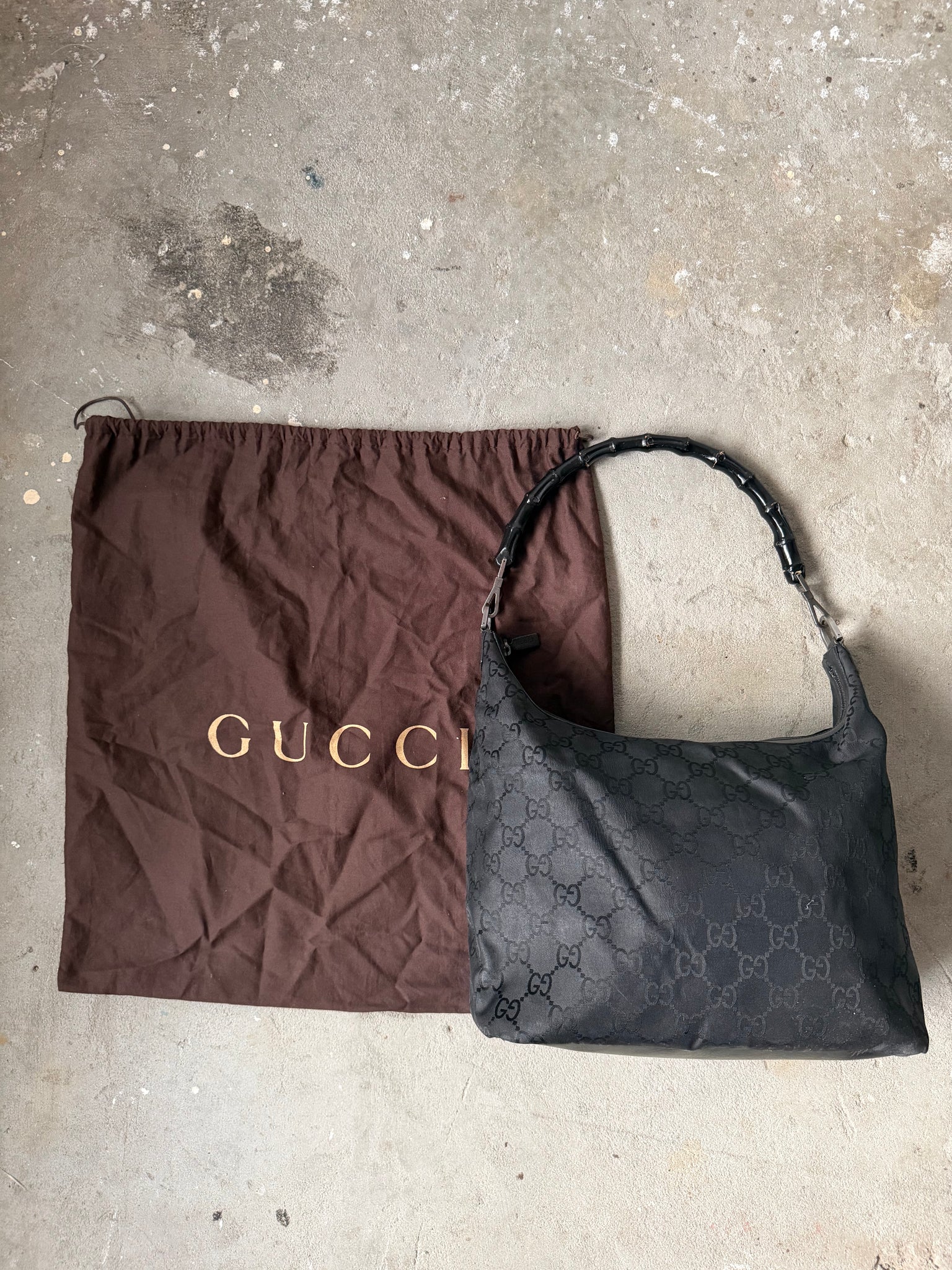 Gucci GG Monogram Bamboo Nylon Shoulder Bag Black