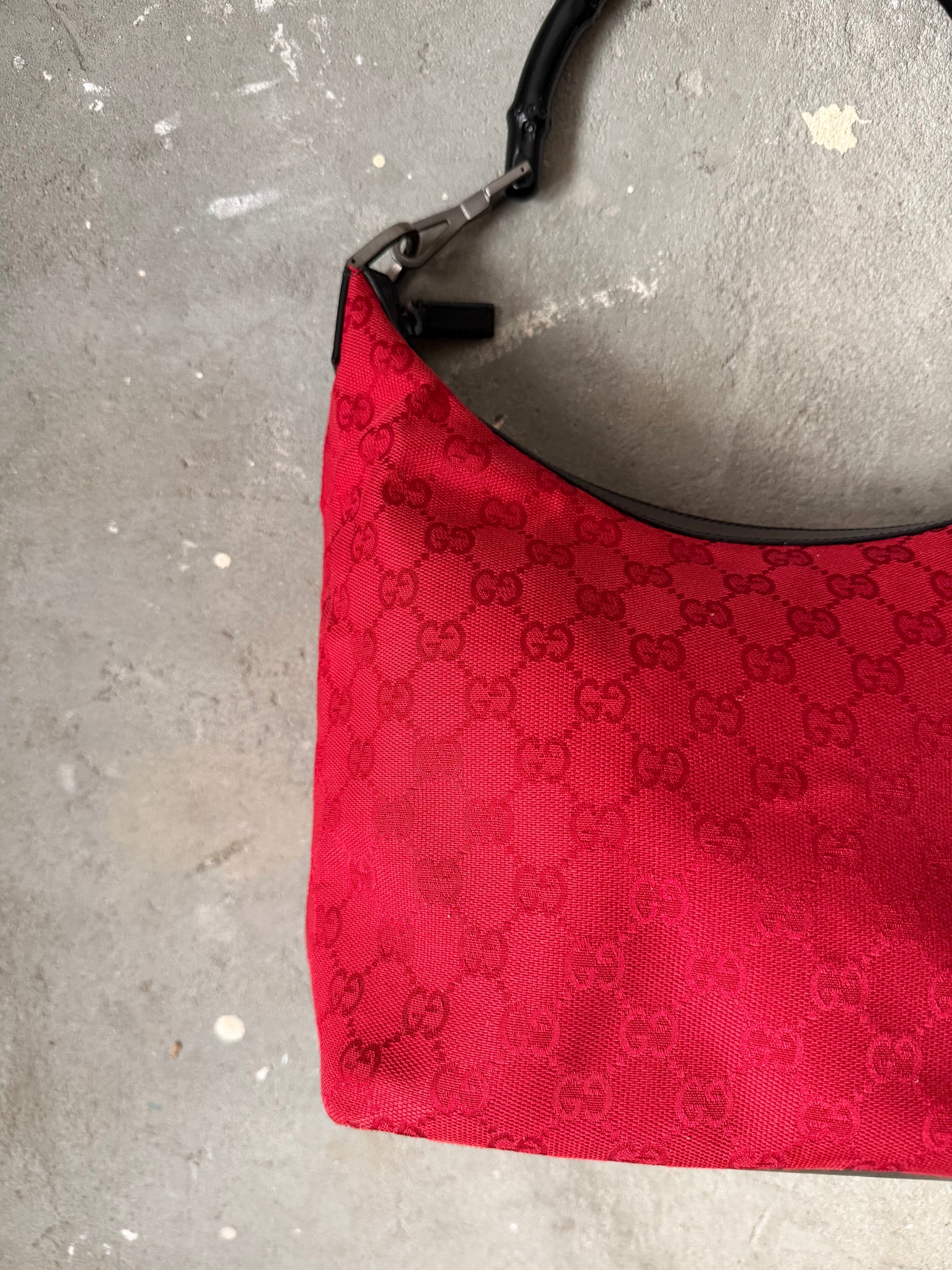 Gucci GG Monogram Bamboo Shoulder Bag Red