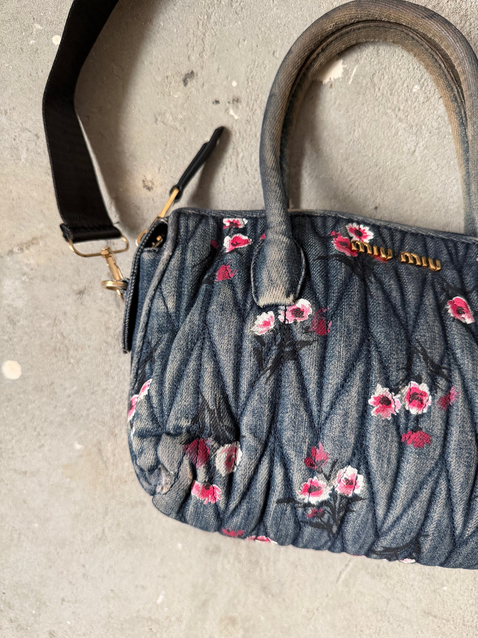 Miu Miu 2Way Mini Floral Quilted Denim Shoulder Bag
