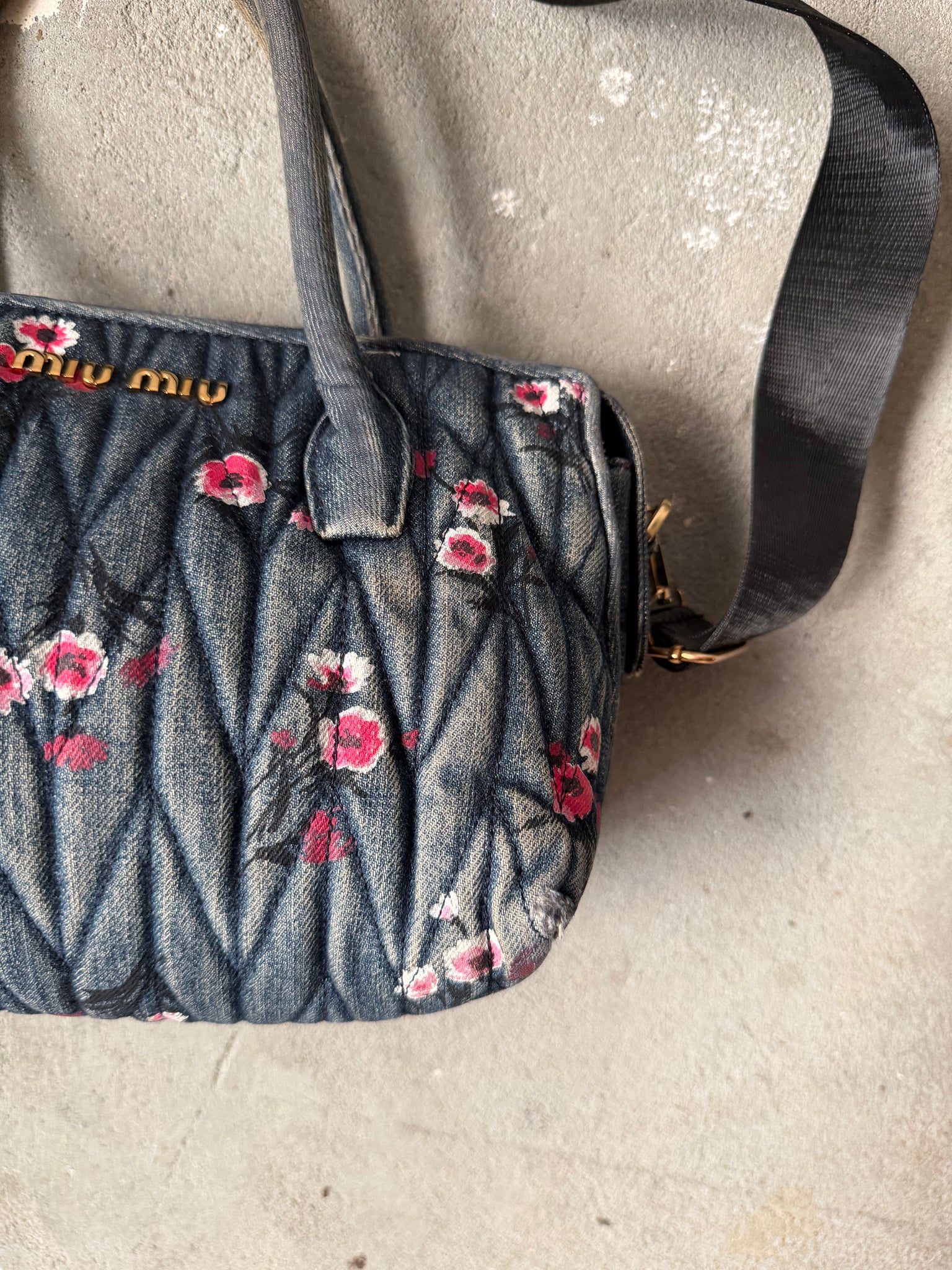 Miu Miu 2Way Mini Floral Quilted Denim Shoulder Bag