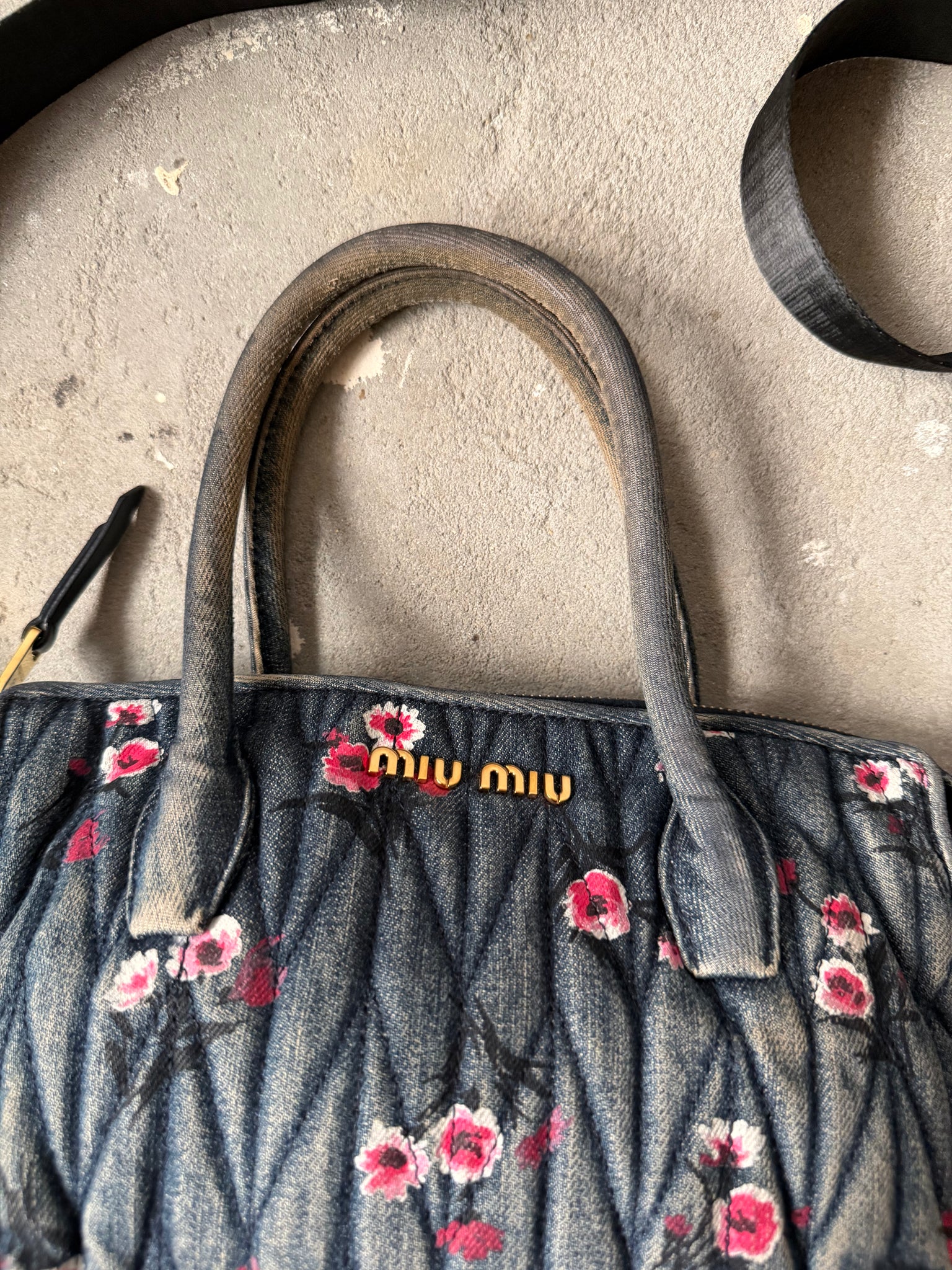 Miu Miu 2Way Mini Floral Quilted Denim Shoulder Bag