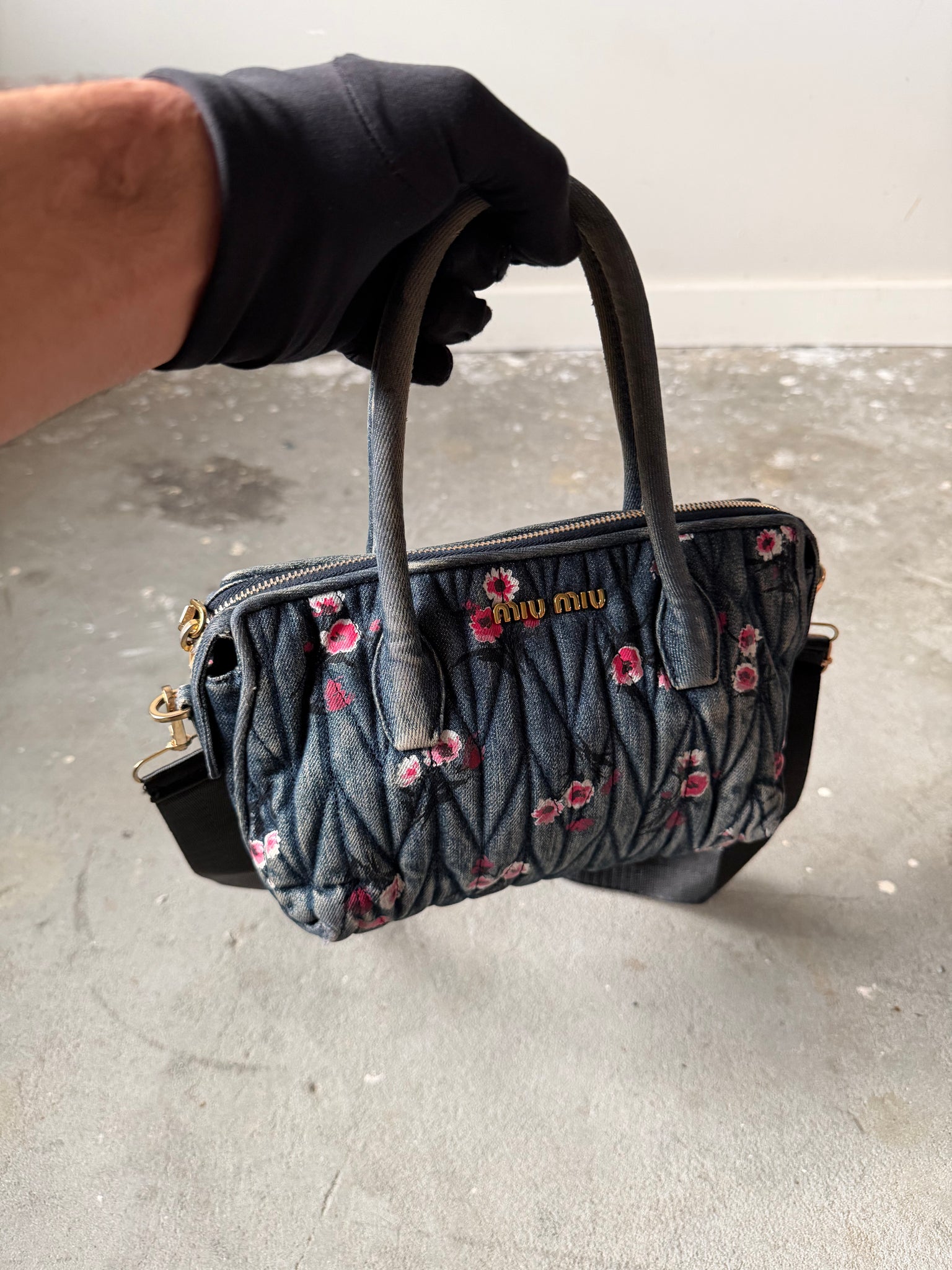 Miu Miu 2Way Mini Floral Quilted Denim Shoulder Bag