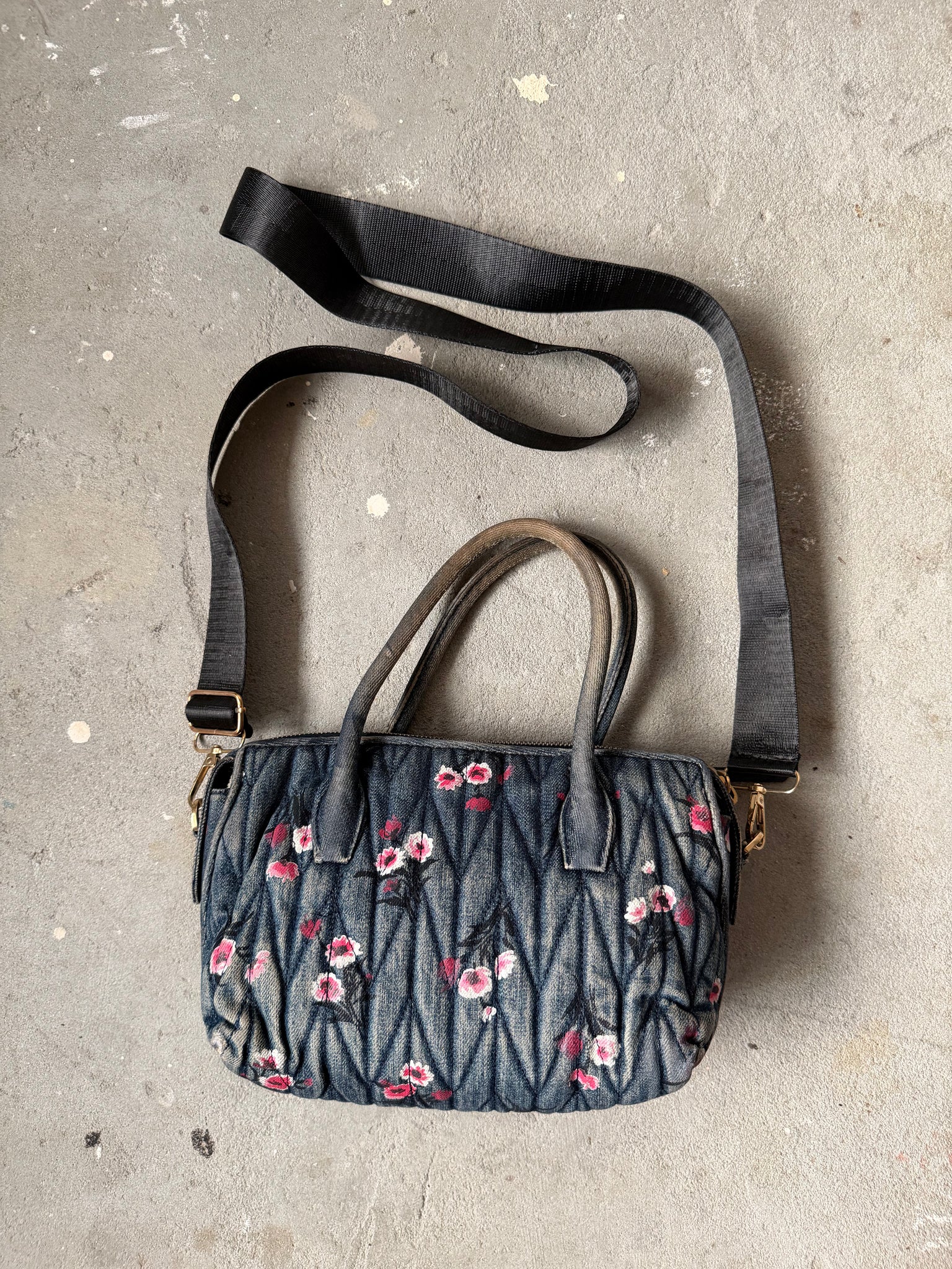 Miu Miu 2Way Mini Floral Quilted Denim Shoulder Bag