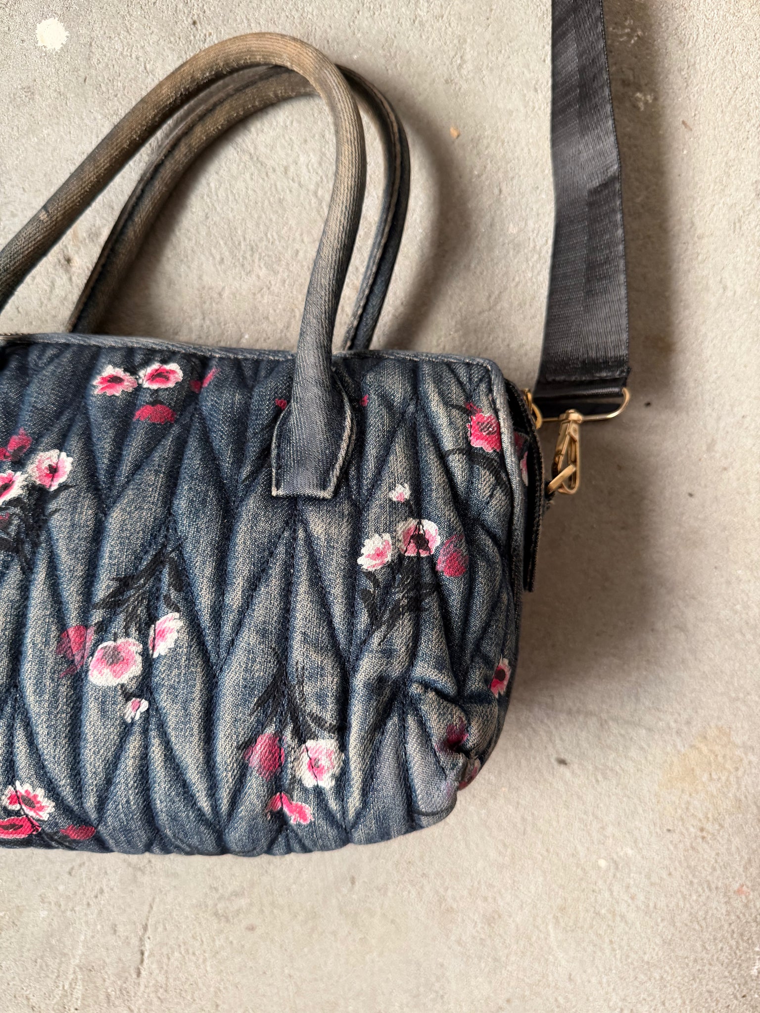 Miu Miu 2Way Mini Floral Quilted Denim Shoulder Bag