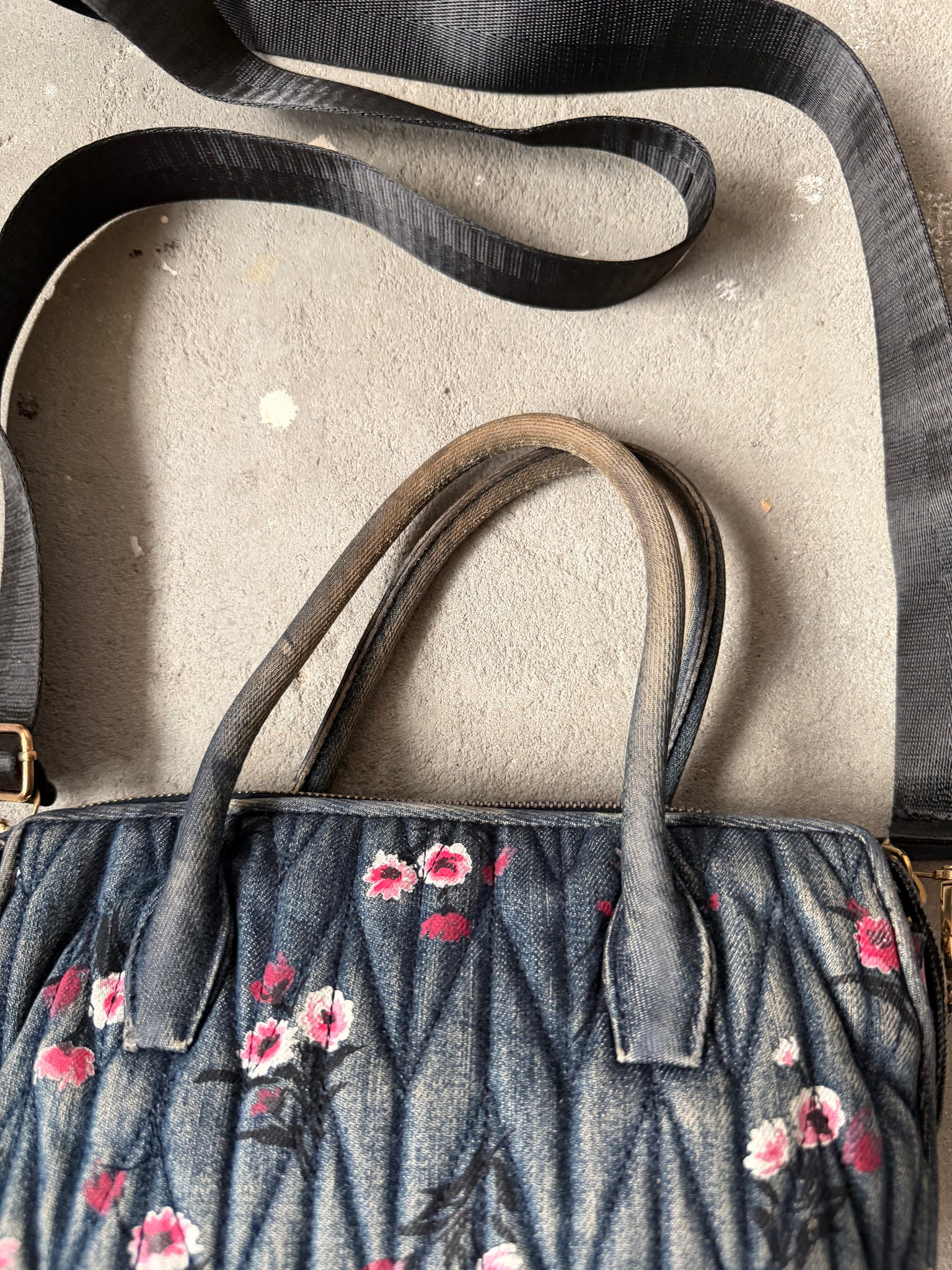 Miu Miu 2Way Mini Floral Quilted Denim Shoulder Bag