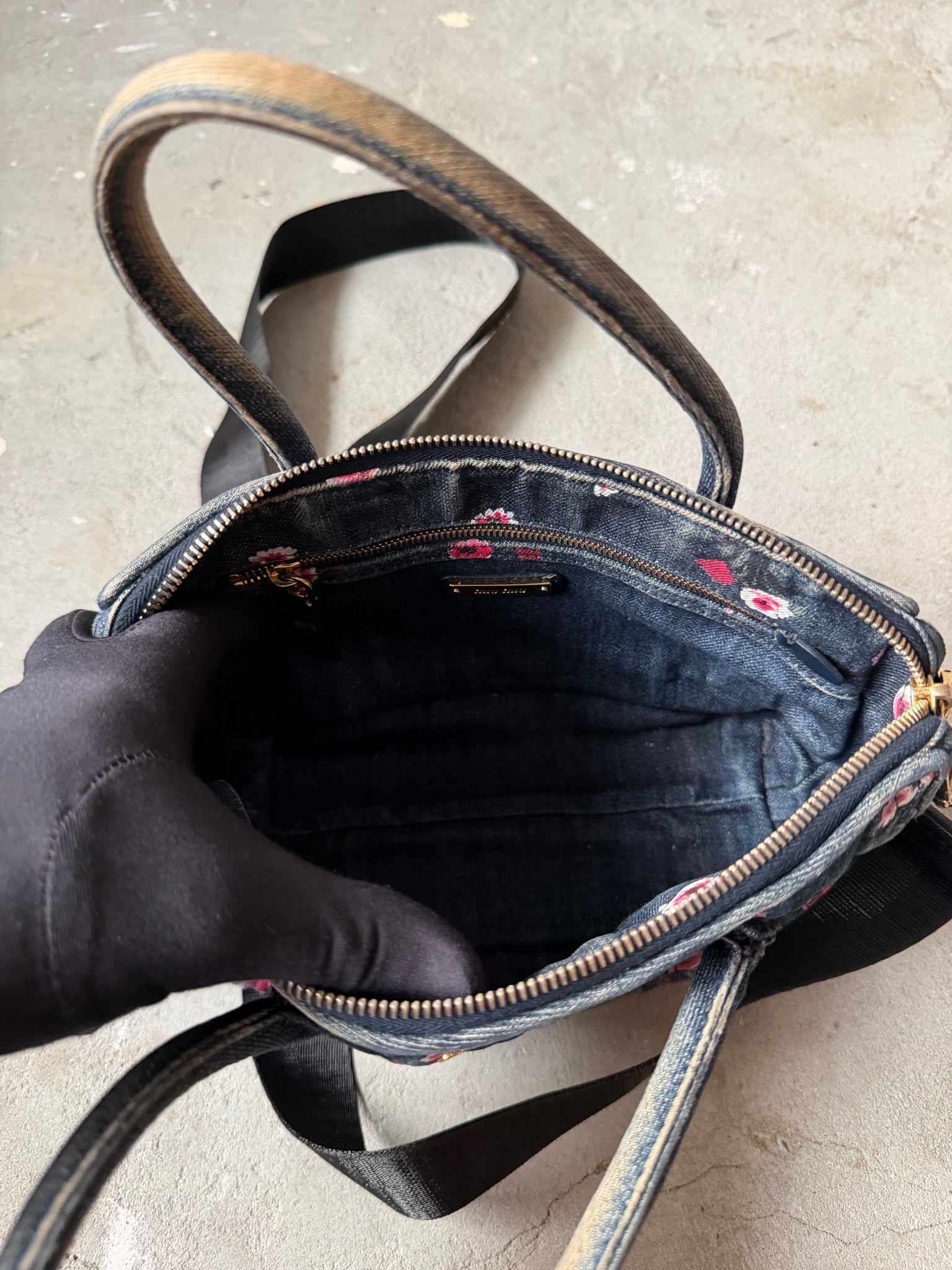 Miu Miu 2Way Mini Floral Quilted Denim Shoulder Bag