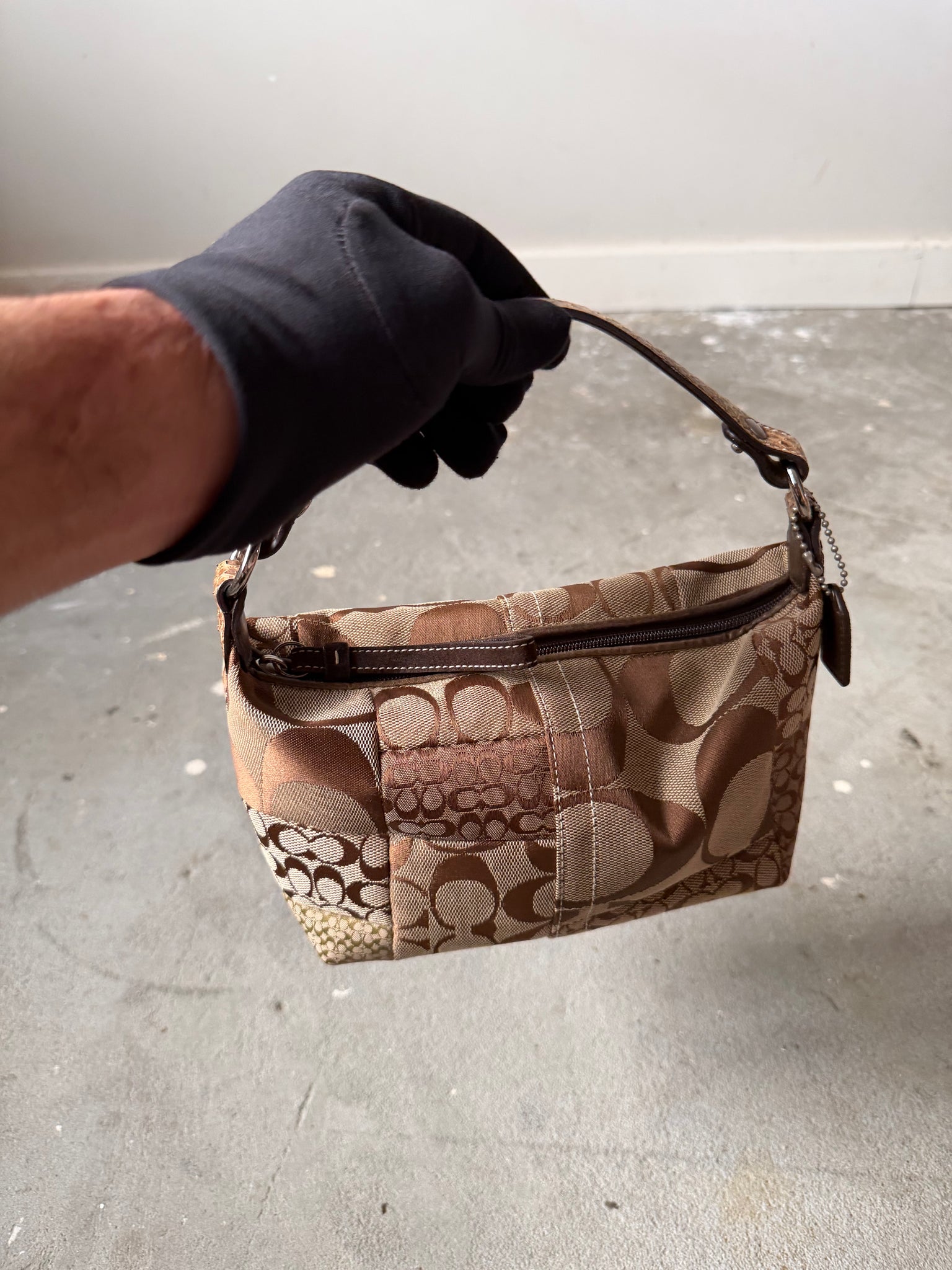 Coach Signature Mini Hobo Patchwork Shoulder Bag Brown