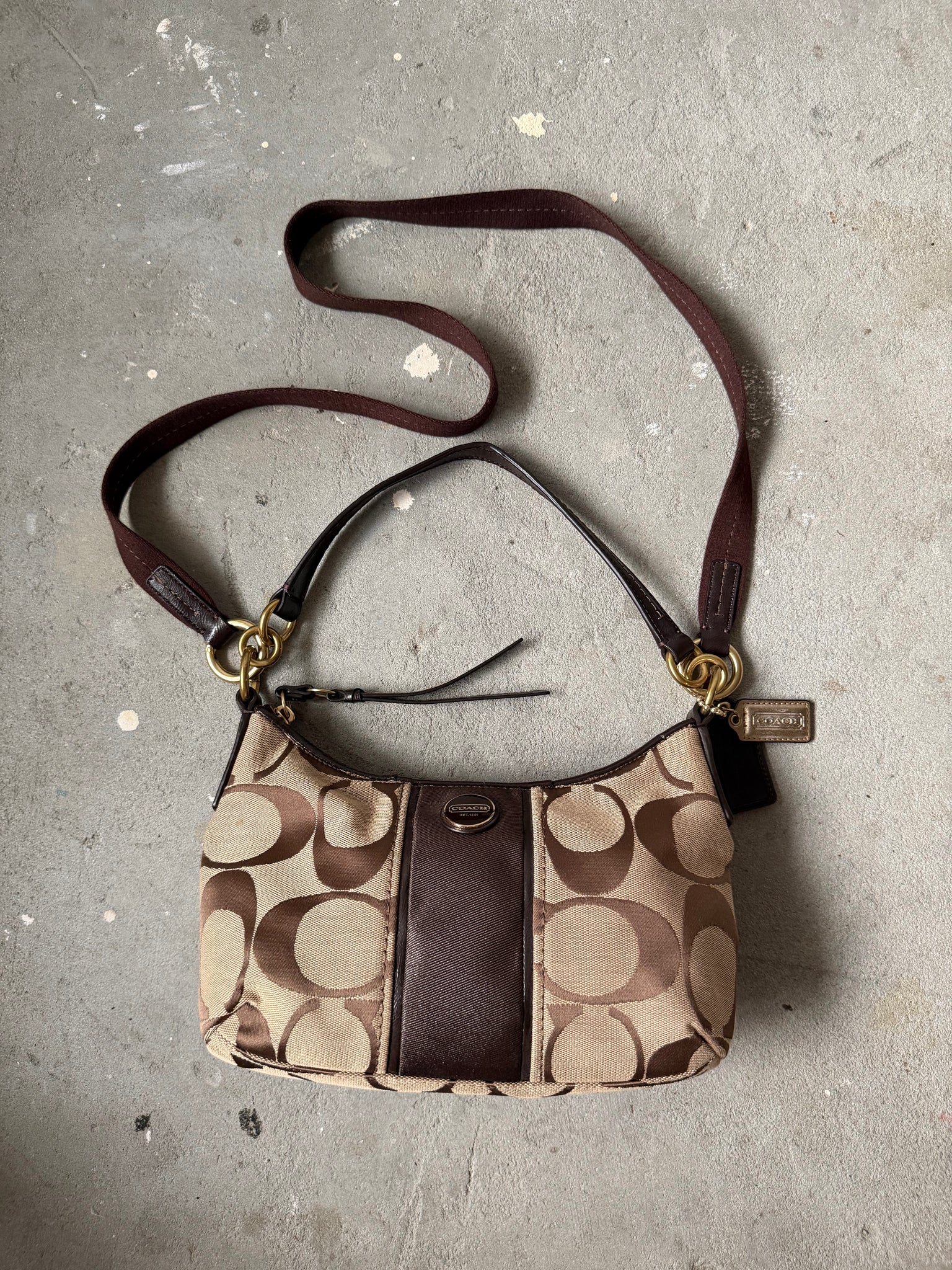 Coach 2Way Signature Stripe Shoulder Bag Beige/Brown