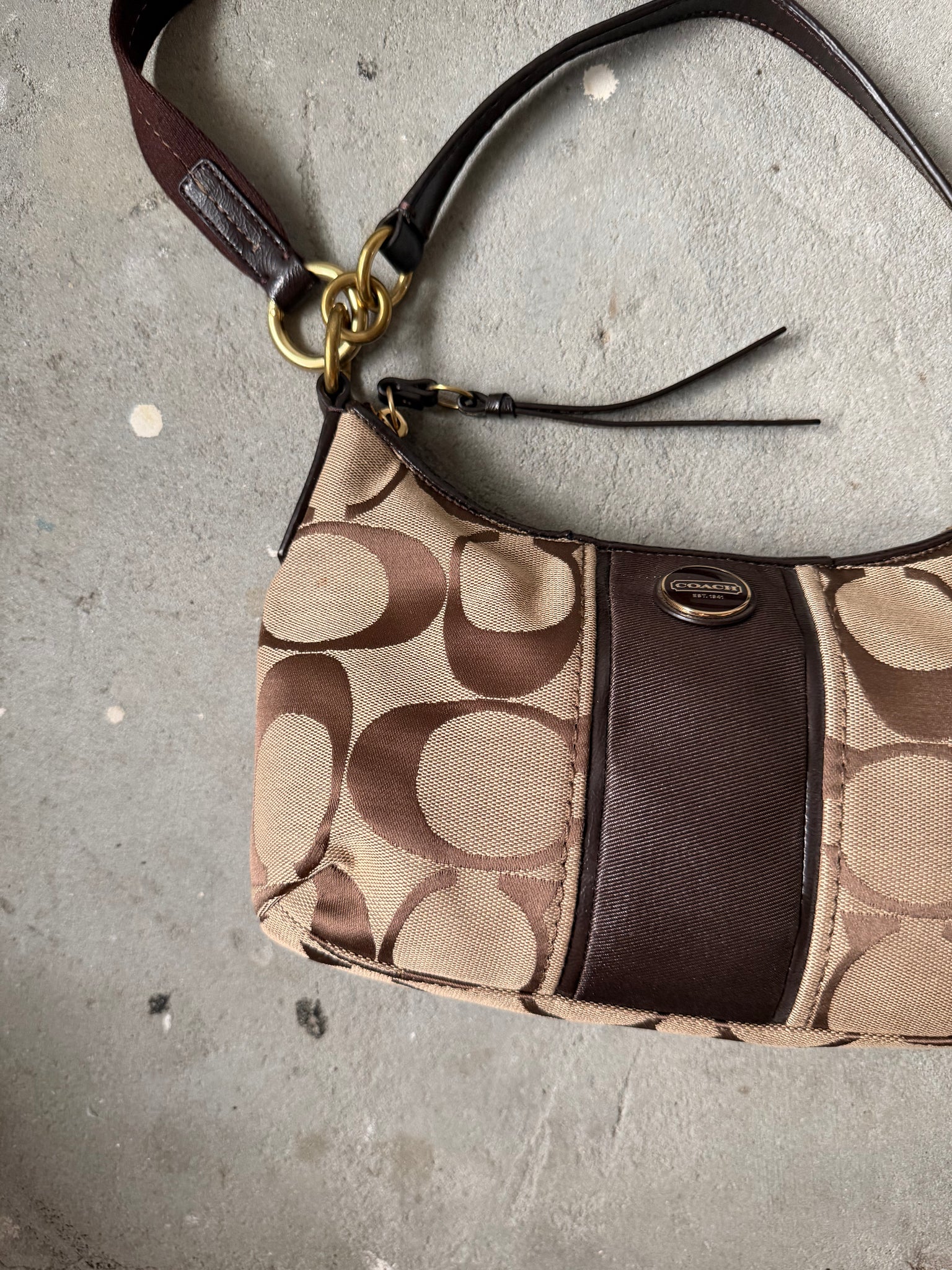 Coach 2Way Signature Stripe Shoulder Bag Beige/Brown