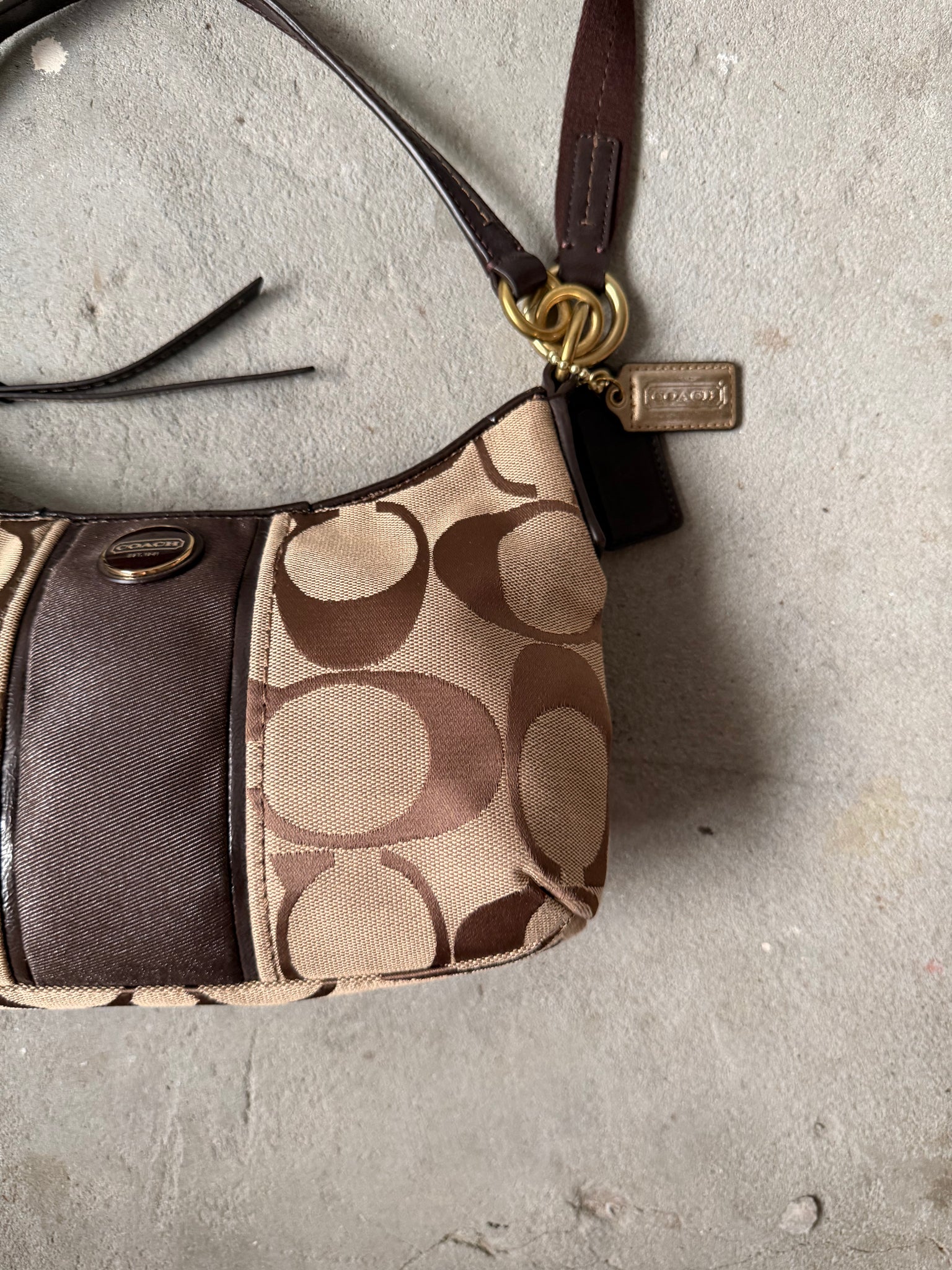 Coach 2Way Signature Stripe Shoulder Bag Beige/Brown