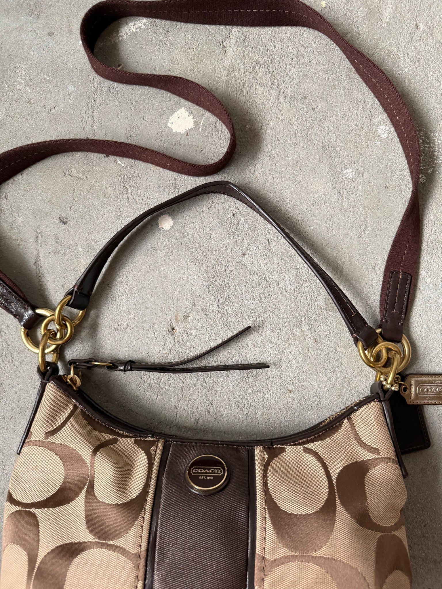 Coach 2Way Signature Stripe Shoulder Bag Beige/Brown