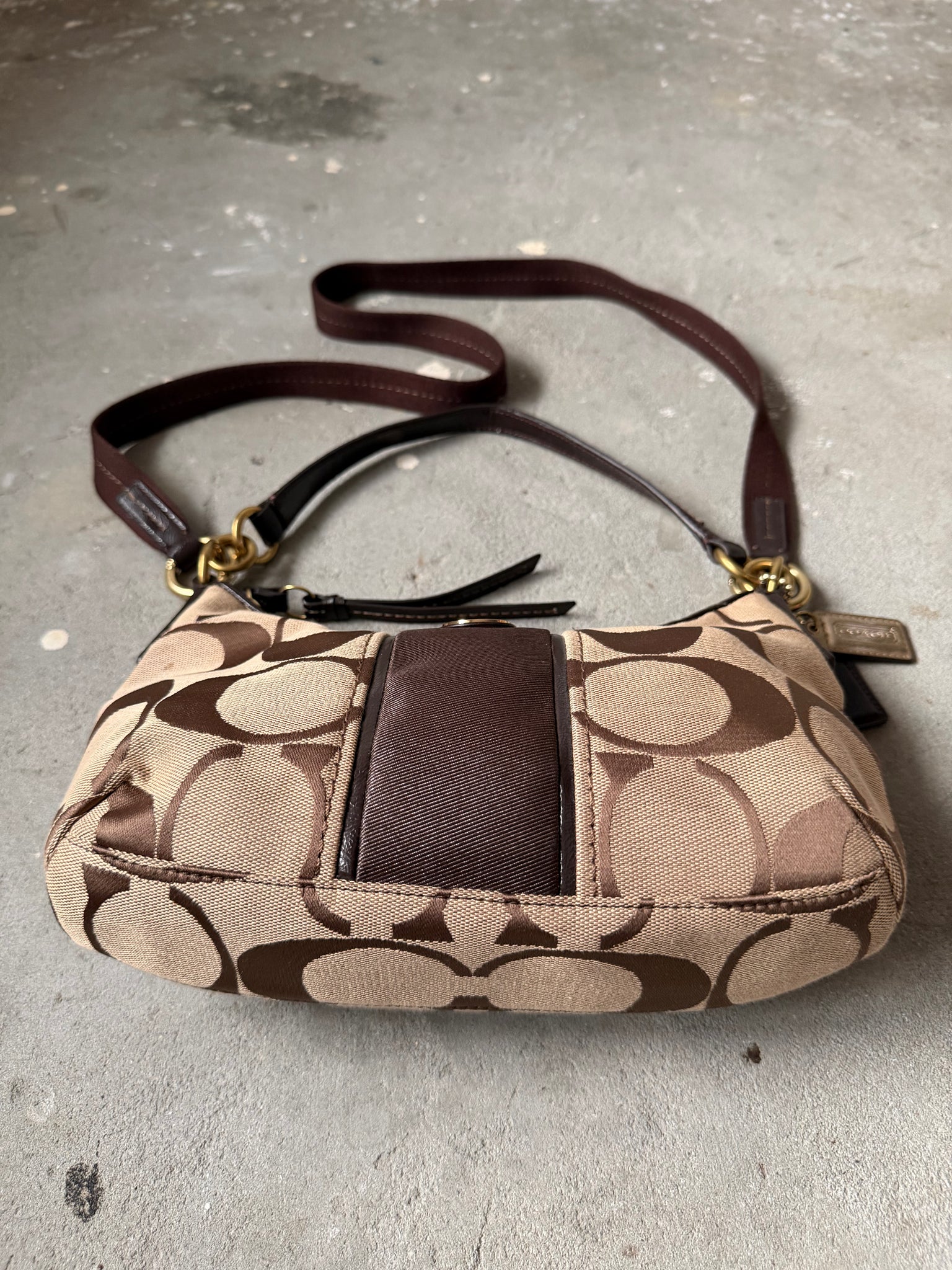 Coach 2Way Signature Stripe Shoulder Bag Beige/Brown