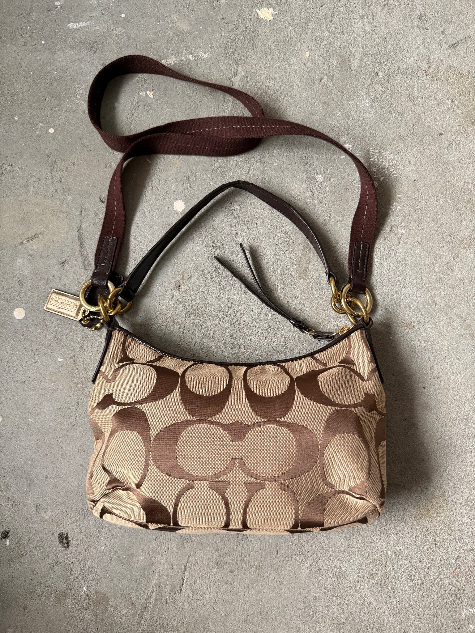 Coach 2Way Signature Stripe Shoulder Bag Beige/Brown