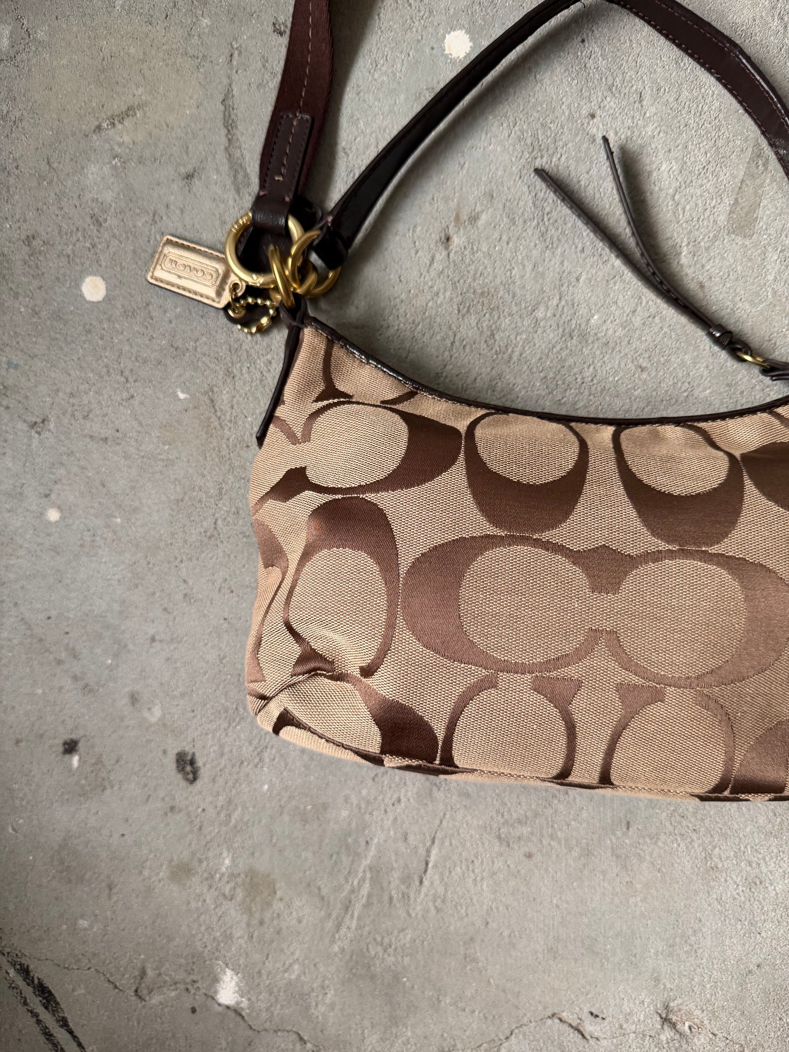 Coach 2Way Signature Stripe Shoulder Bag Beige/Brown