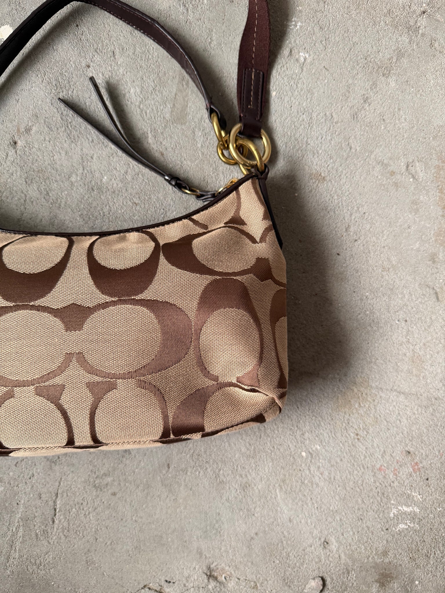 Coach 2Way Signature Stripe Shoulder Bag Beige/Brown