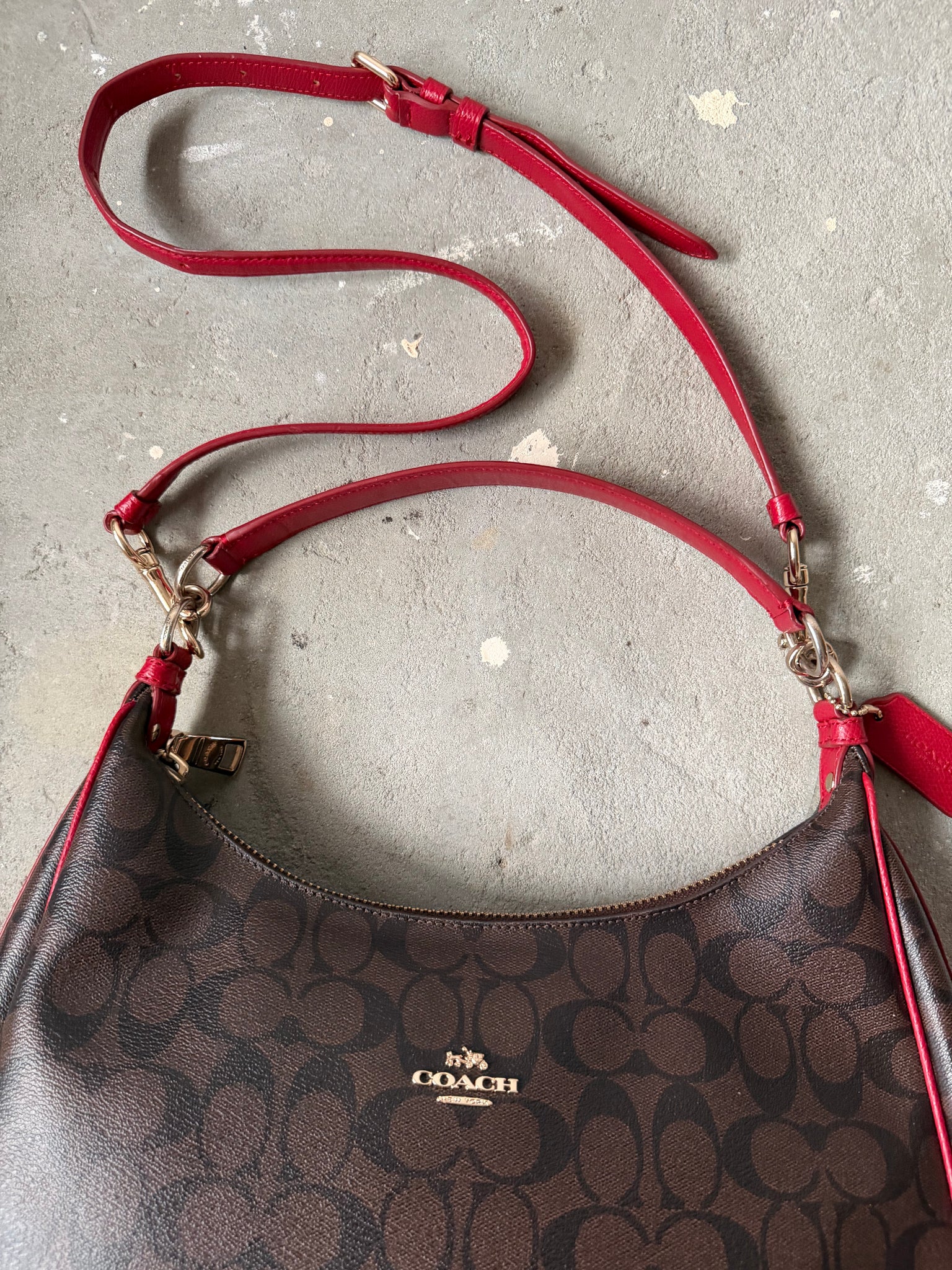 Coach 2Way Signature PVC Hobo Shoulder Bag Brown/Red