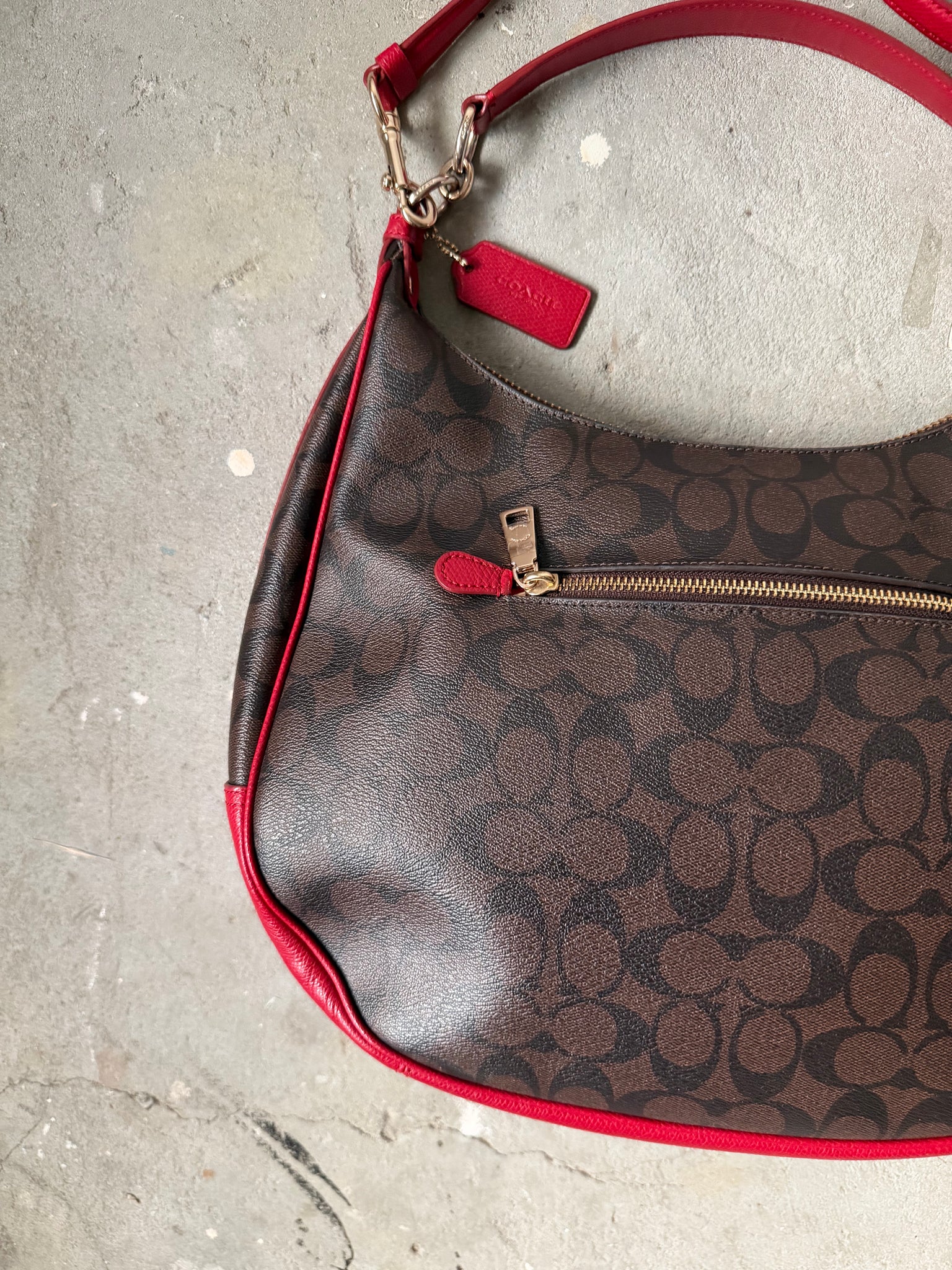 Coach 2Way Signature PVC Hobo Shoulder Bag Brown/Red