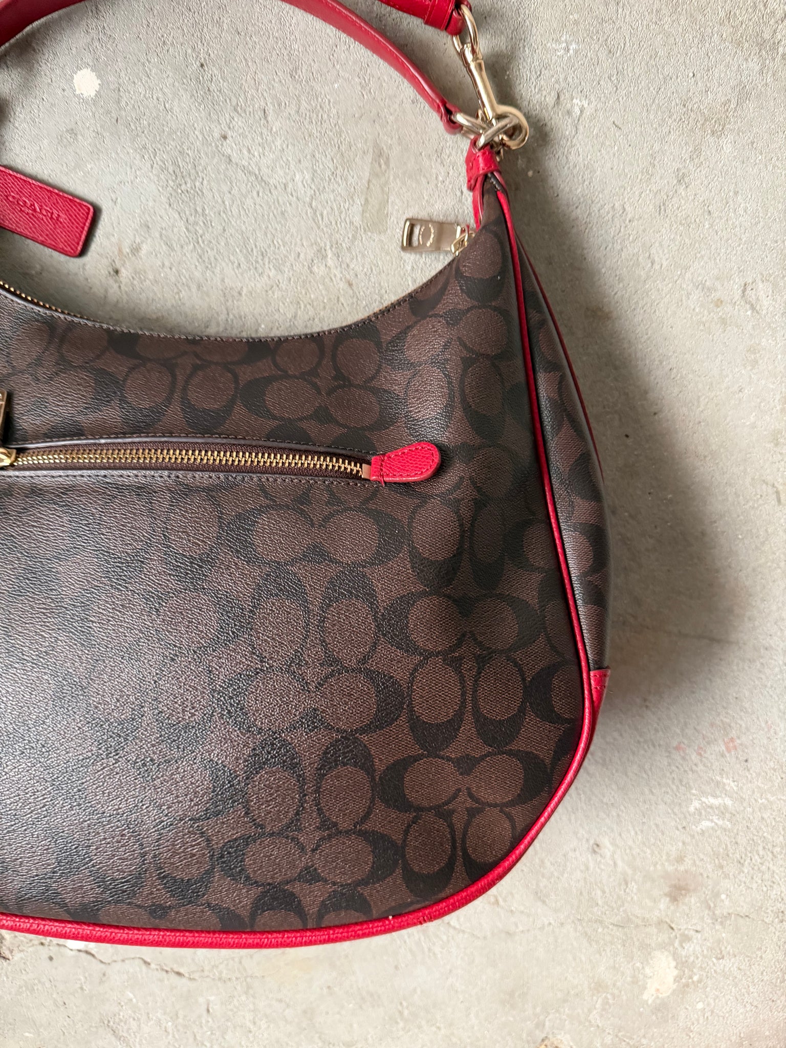 Coach 2Way Signature PVC Hobo Shoulder Bag Brown/Red