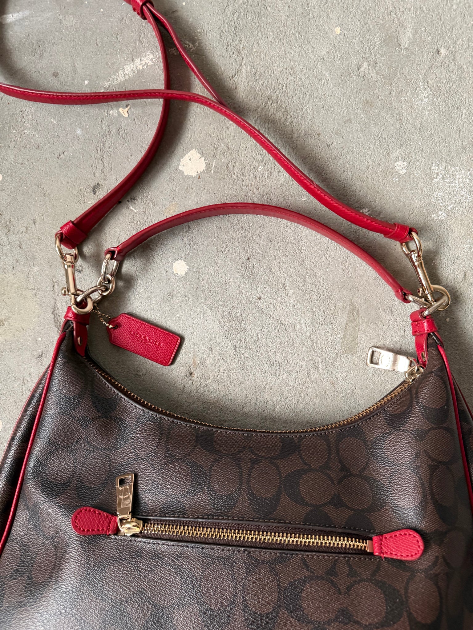 Coach 2Way Signature PVC Hobo Shoulder Bag Brown/Red