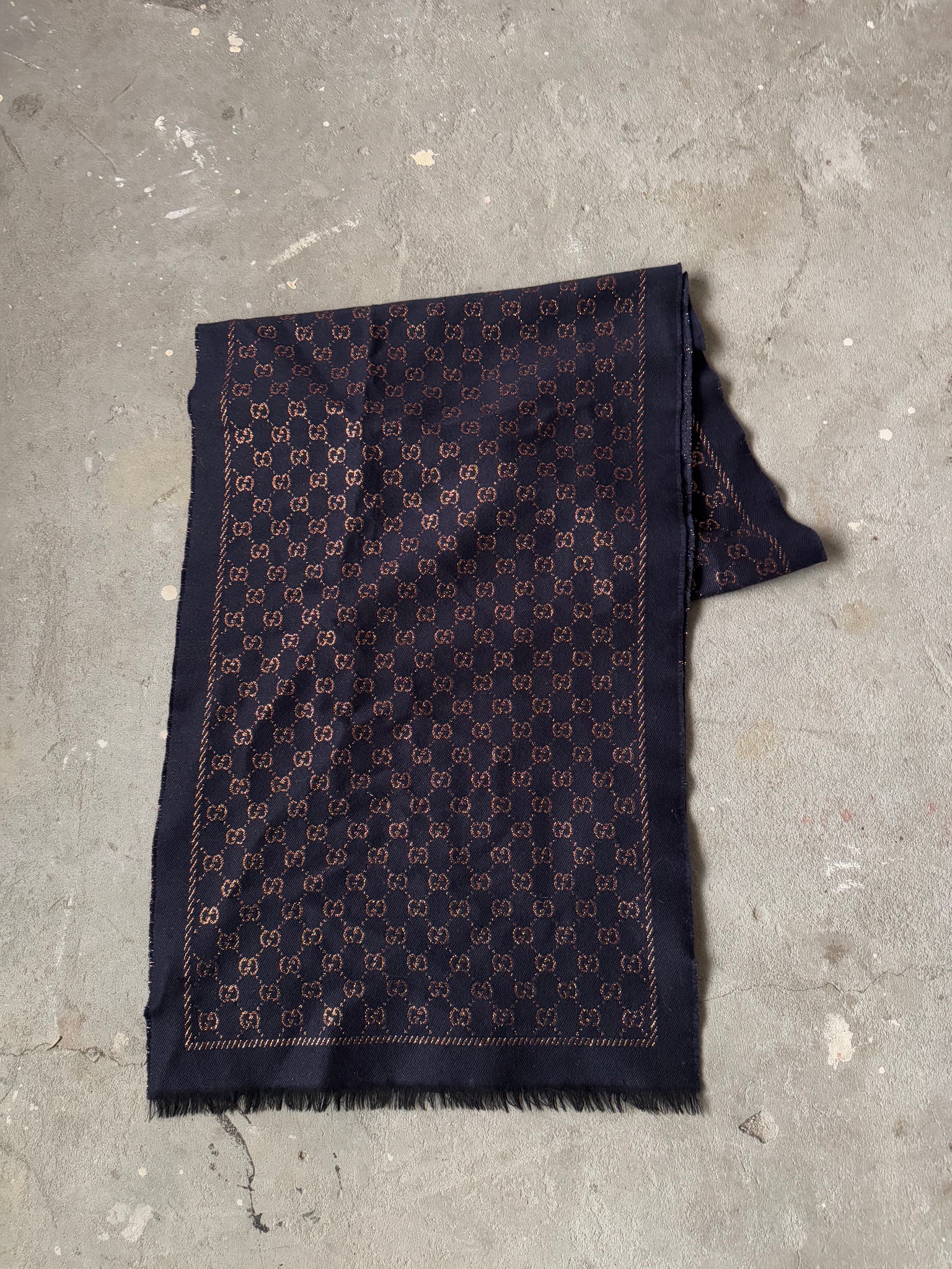 Gucci GG Monogram Wool Scarf Navy/Gold