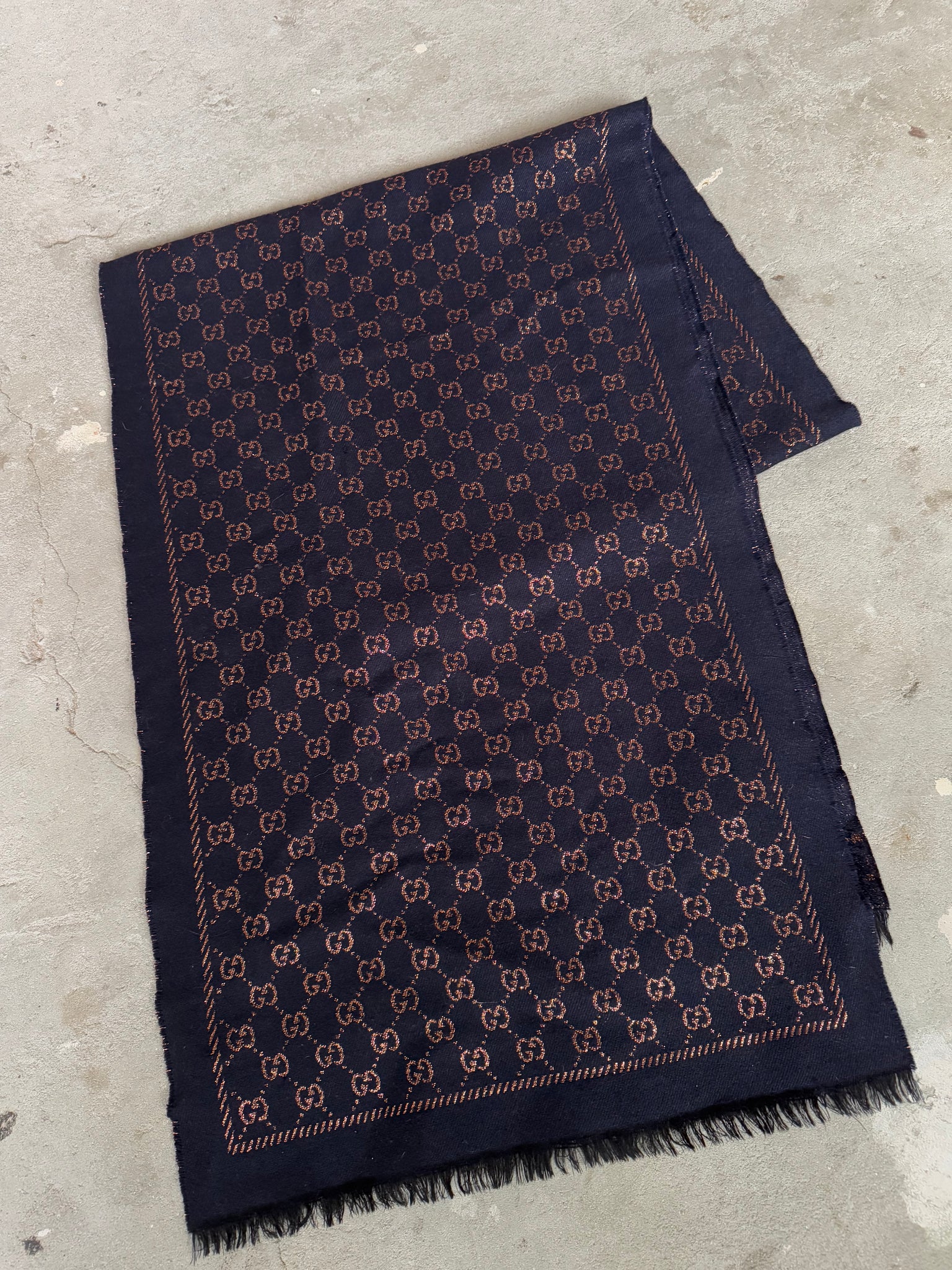 Gucci GG Monogram Wool Scarf Navy/Gold