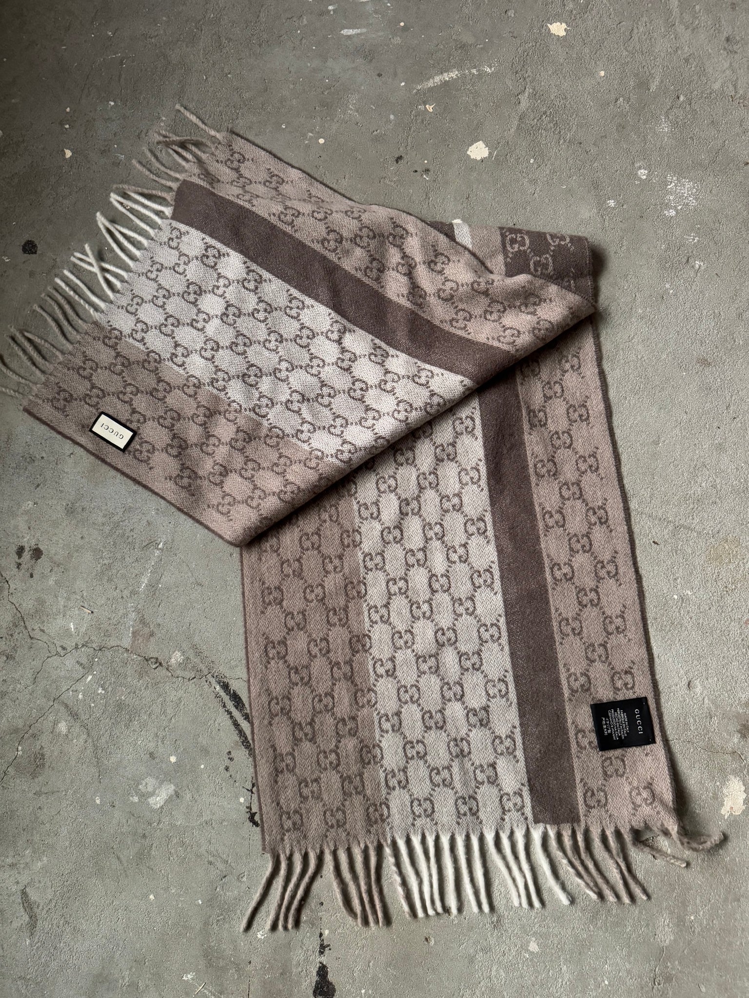 Gucci GG Monogram Cashmere Wool Scarf Grey/Beige