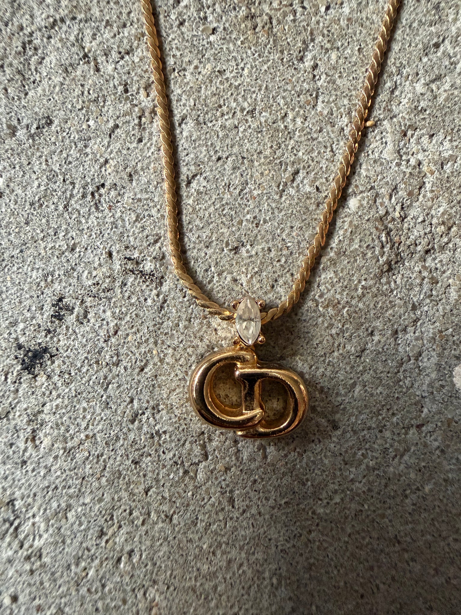Dior CD Logo Rhinestone Necklace Gold