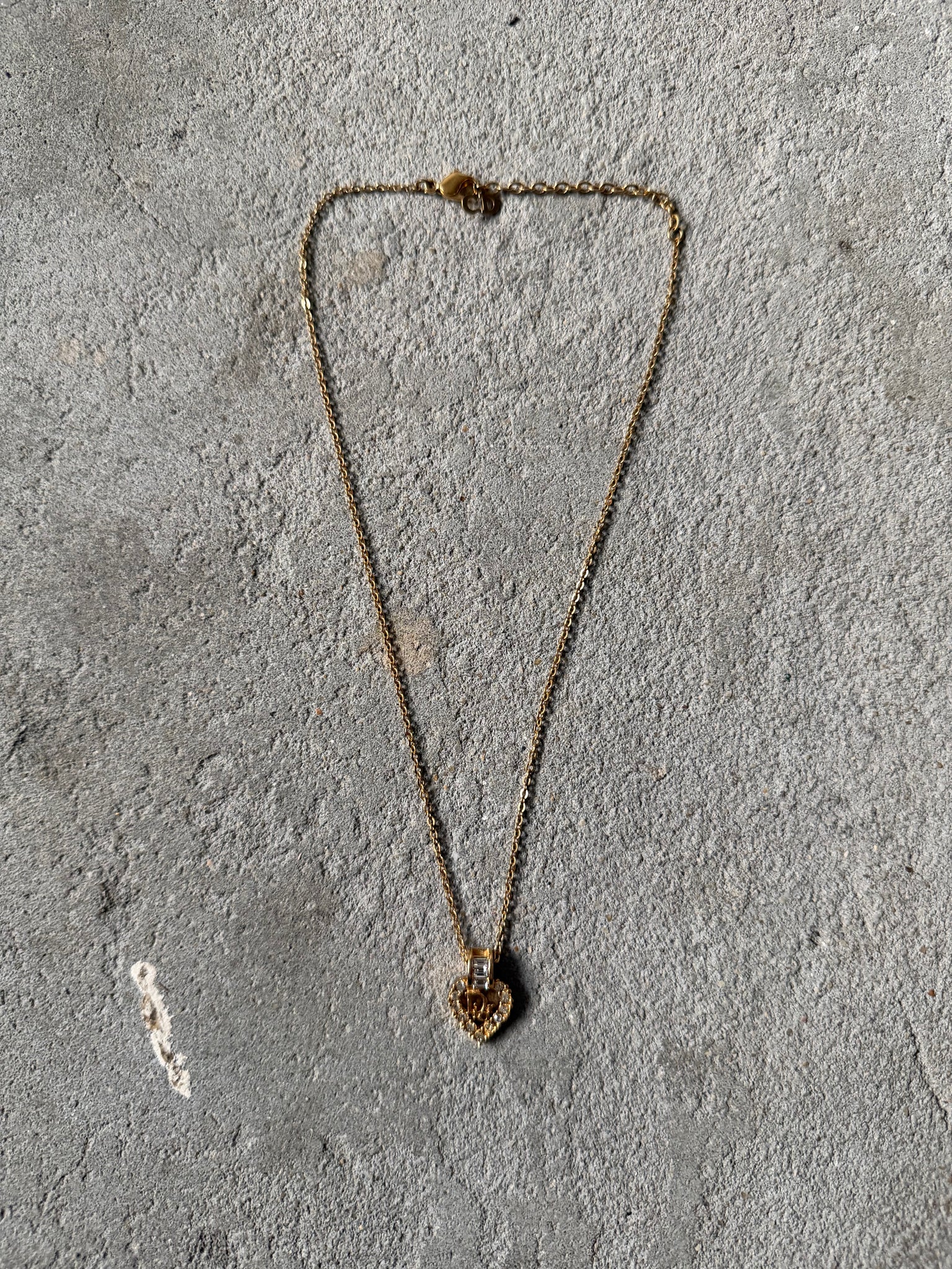 Dior Logo Heart Rhinestone Necklace Gold