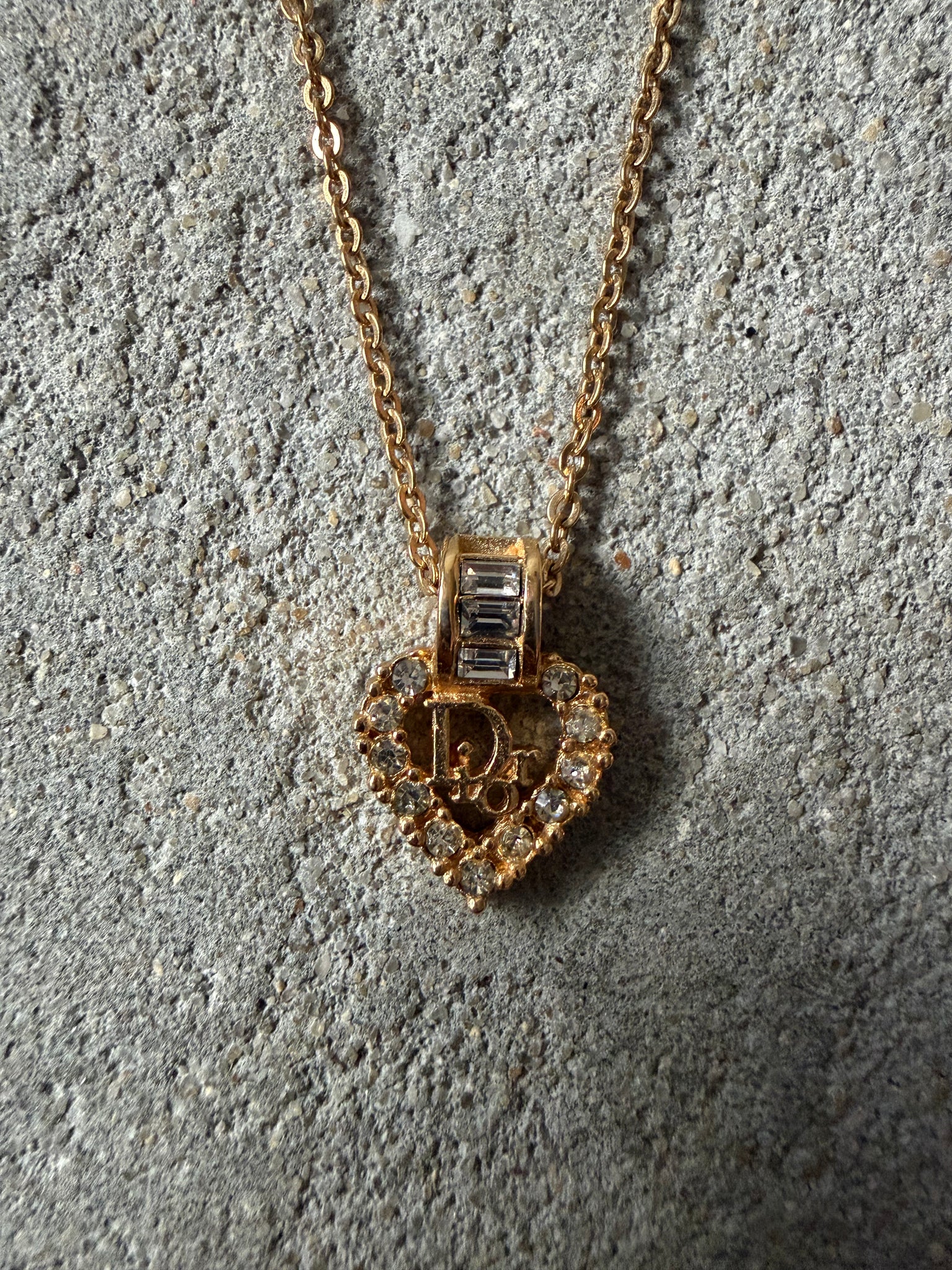 Dior Logo Heart Rhinestone Necklace Gold