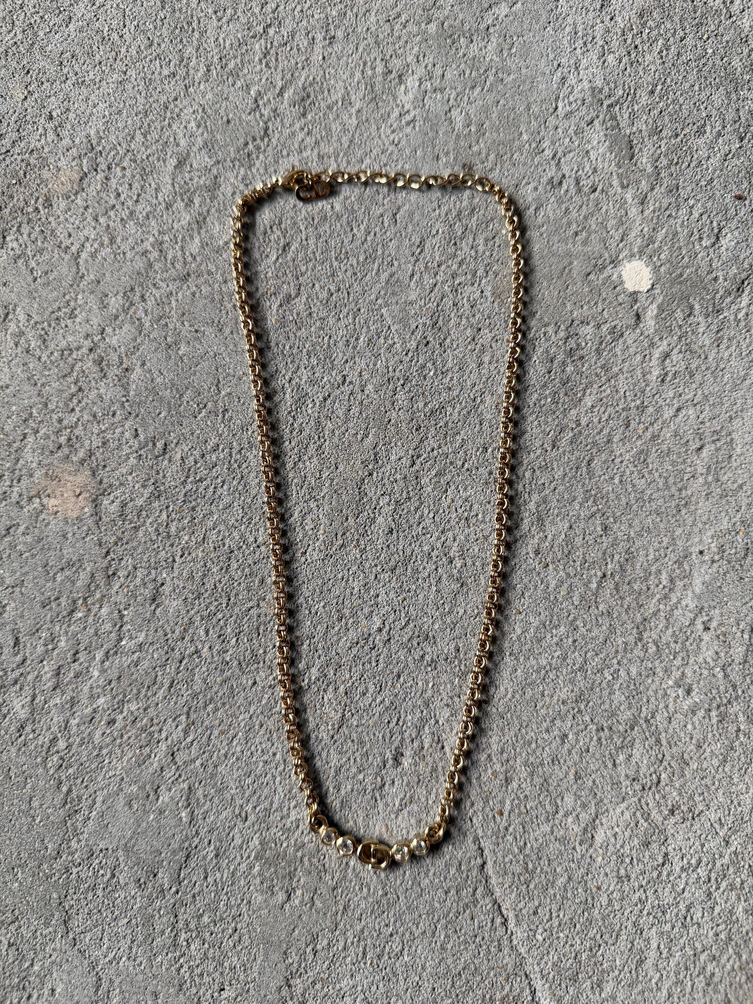 Dior CD Logo Rhinestone Necklace Gold