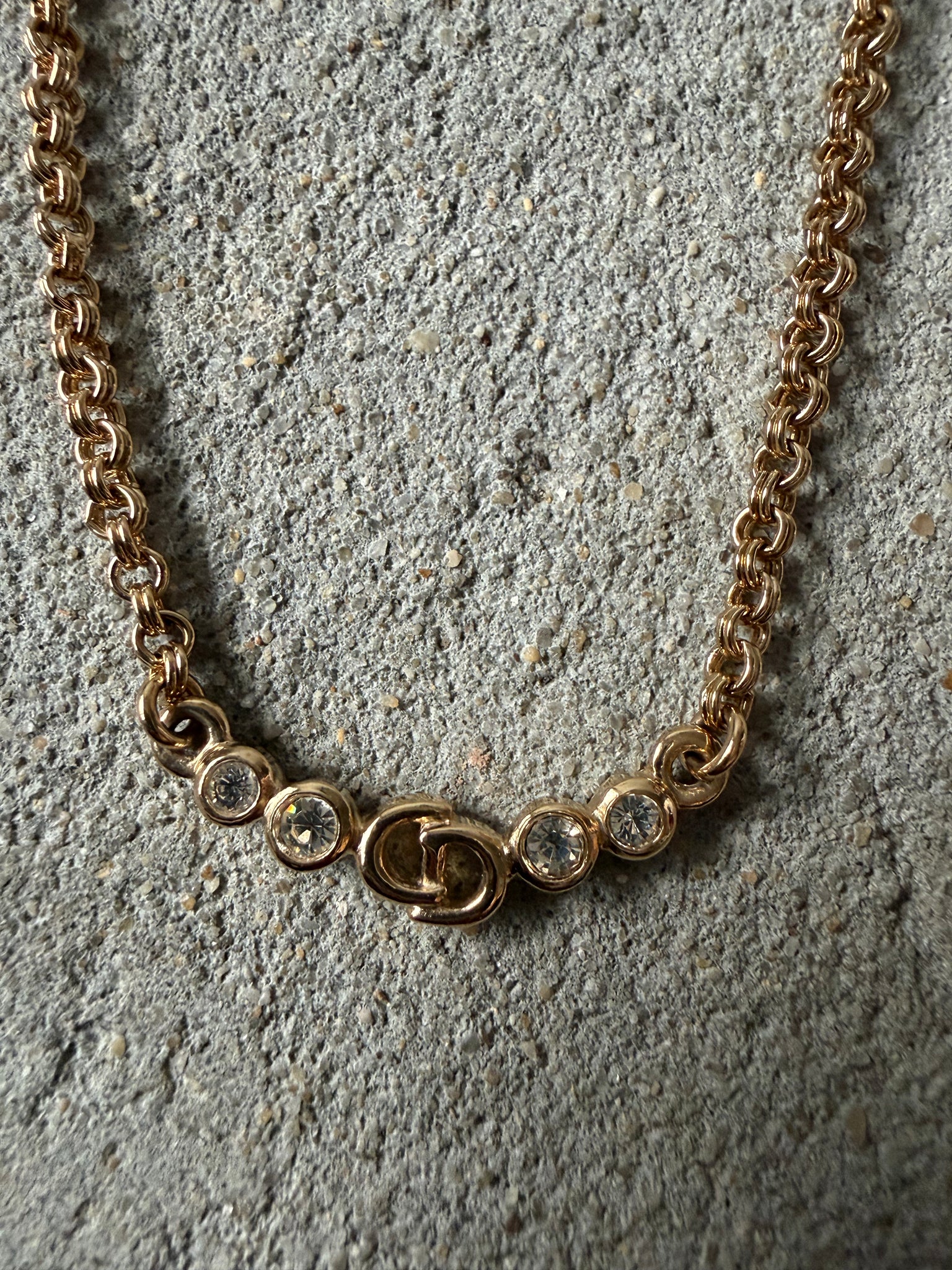 Dior CD Logo Rhinestone Necklace Gold