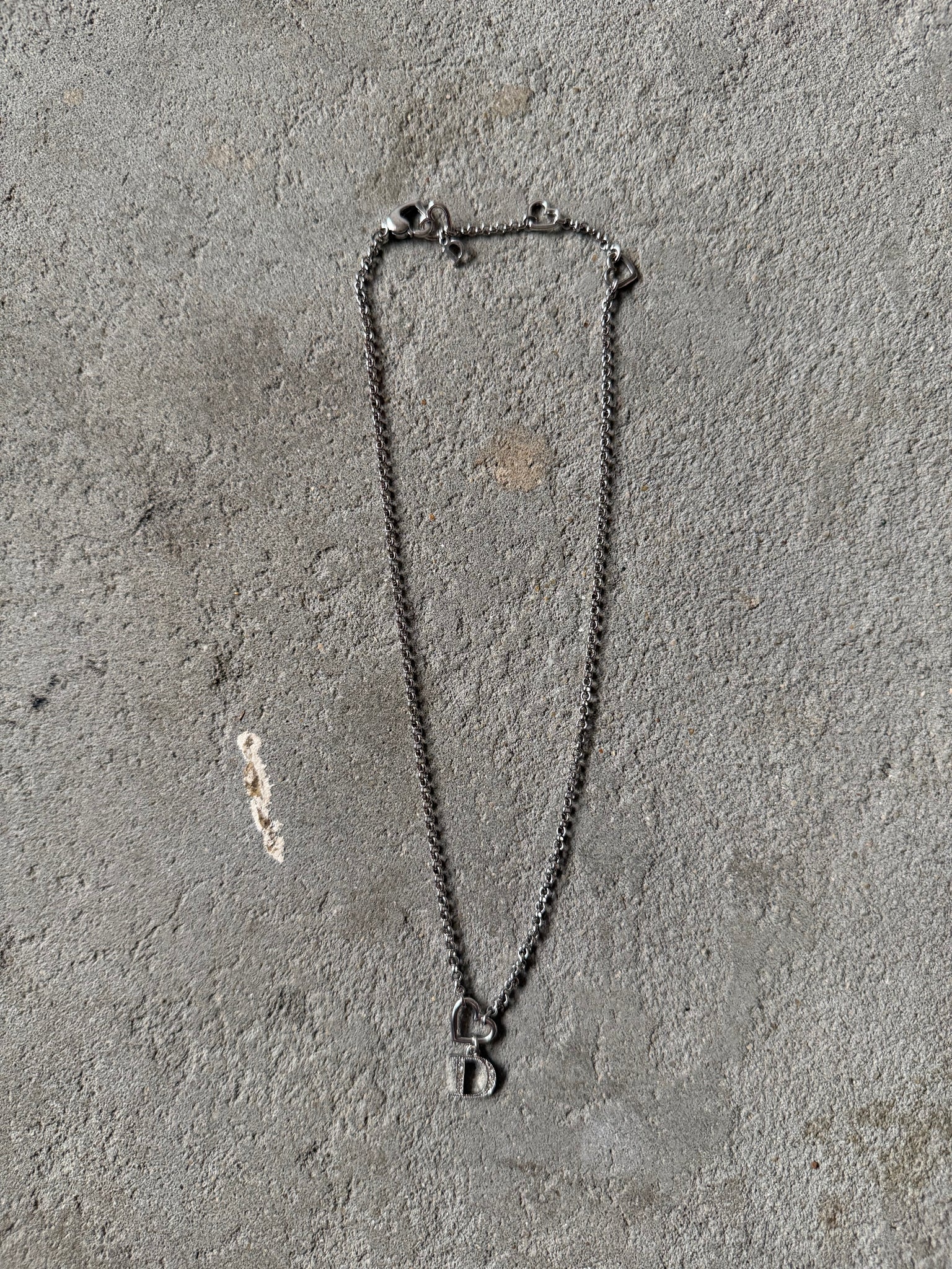 Dior D Heart Rhinestone Necklace Silver