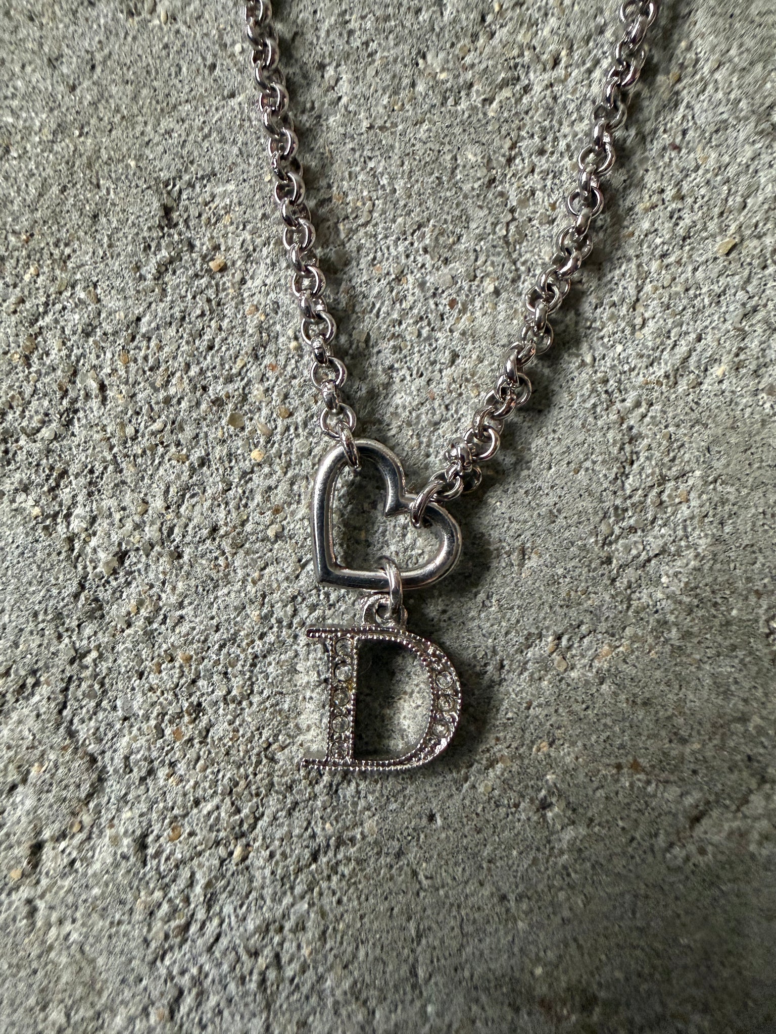 Dior D Heart Rhinestone Necklace Silver