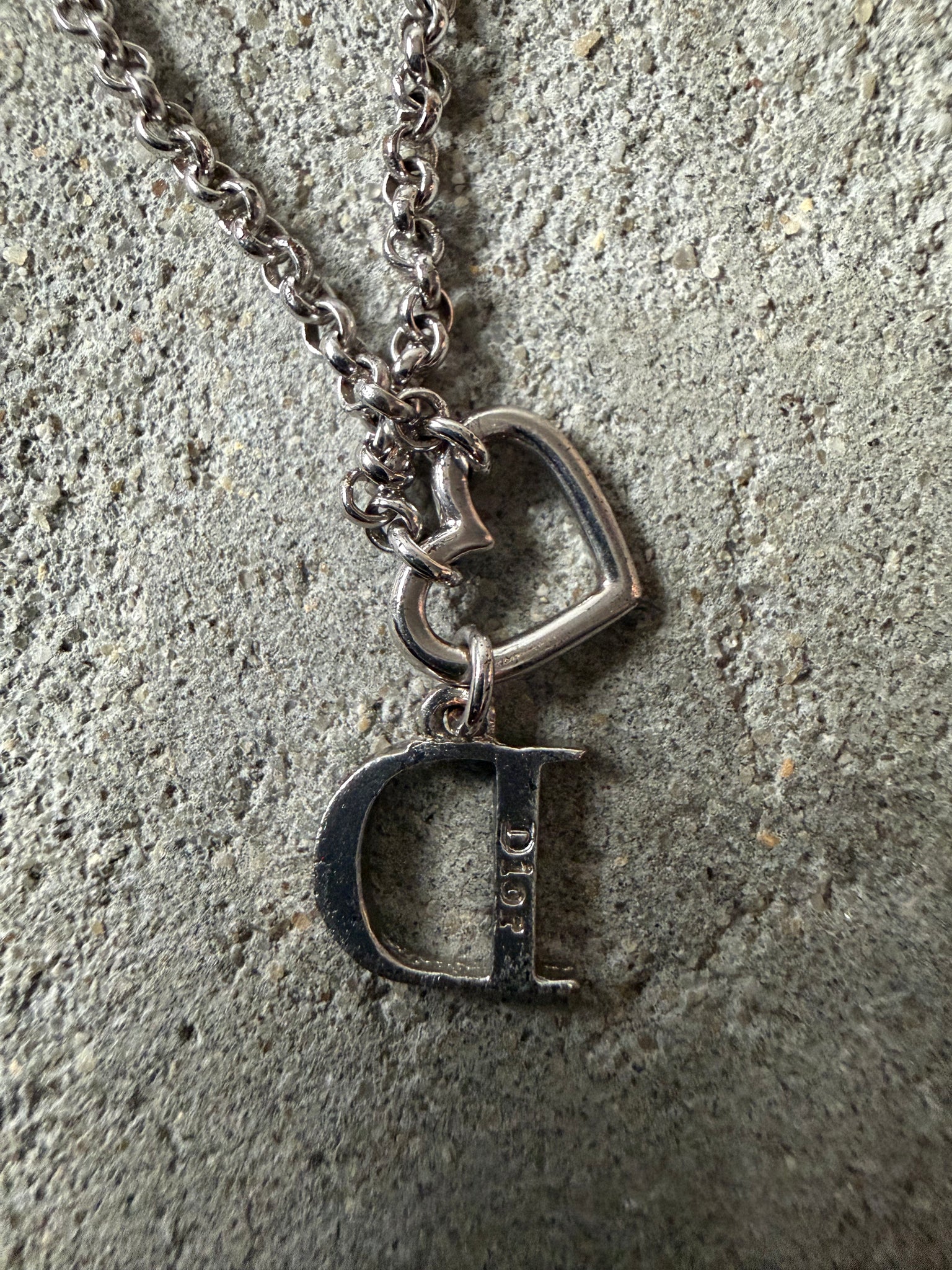 Dior D Heart Rhinestone Necklace Silver