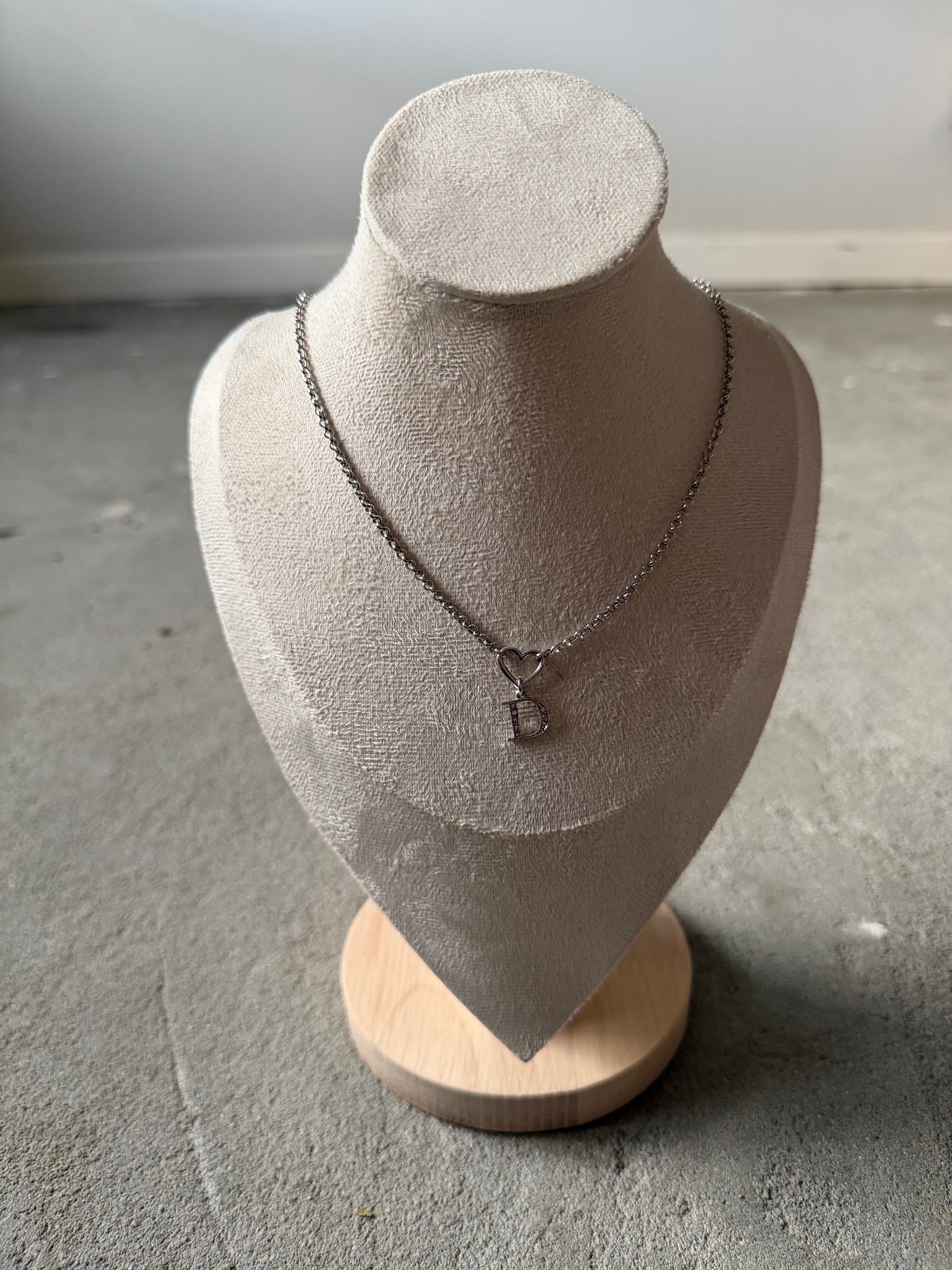 Dior D Heart Rhinestone Necklace Silver