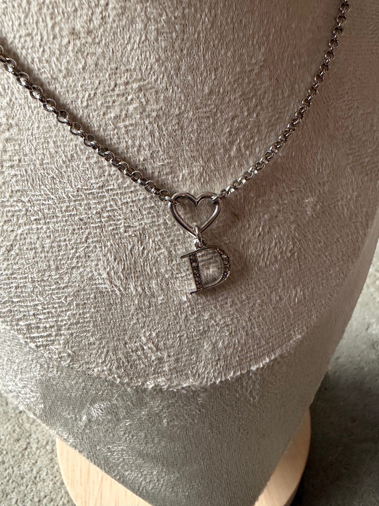 Dior D Heart Rhinestone Necklace Silver
