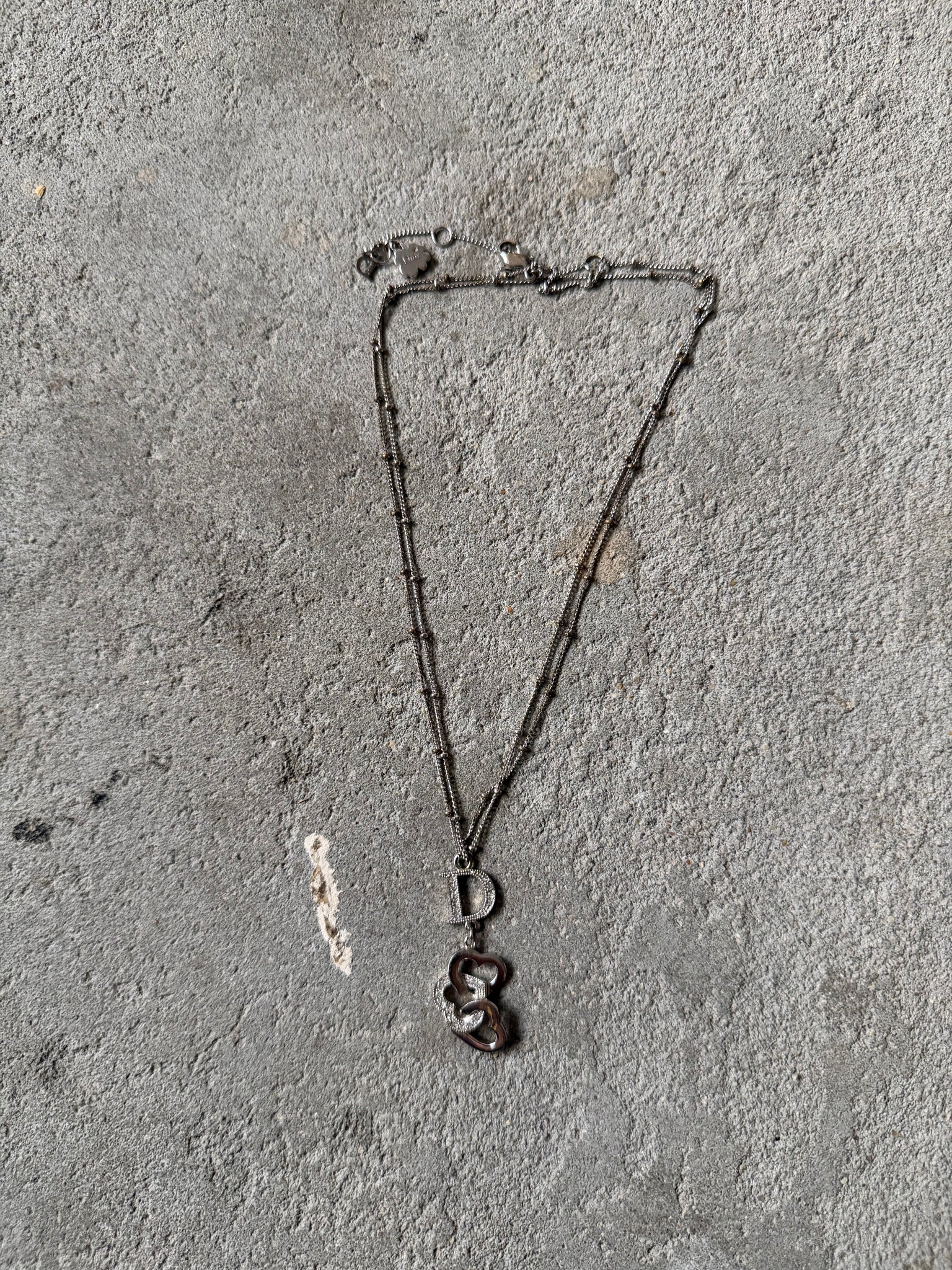 Dior D Multi Heart Rhinestone Necklace Silver