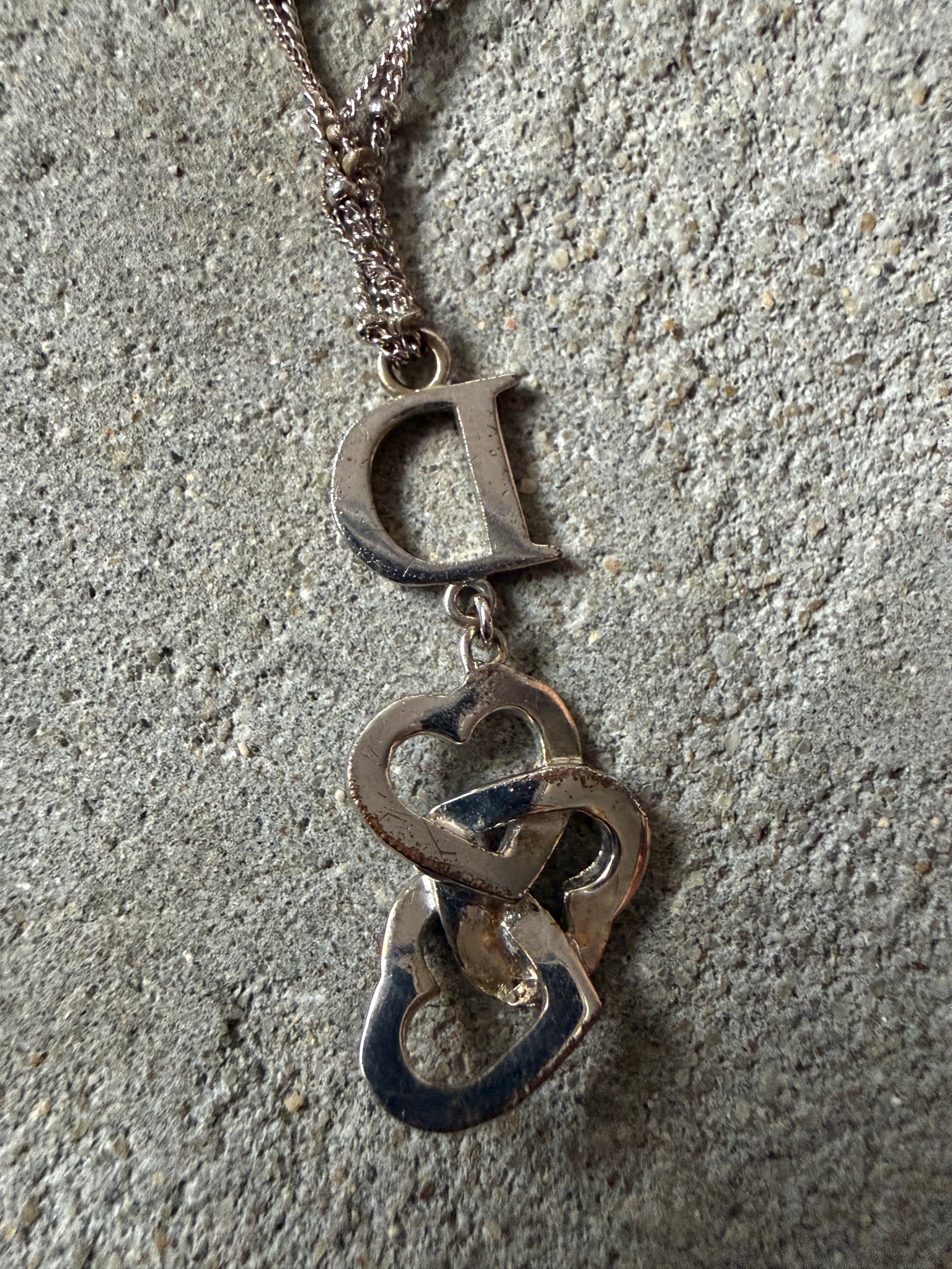 Dior D Multi Heart Rhinestone Necklace Silver