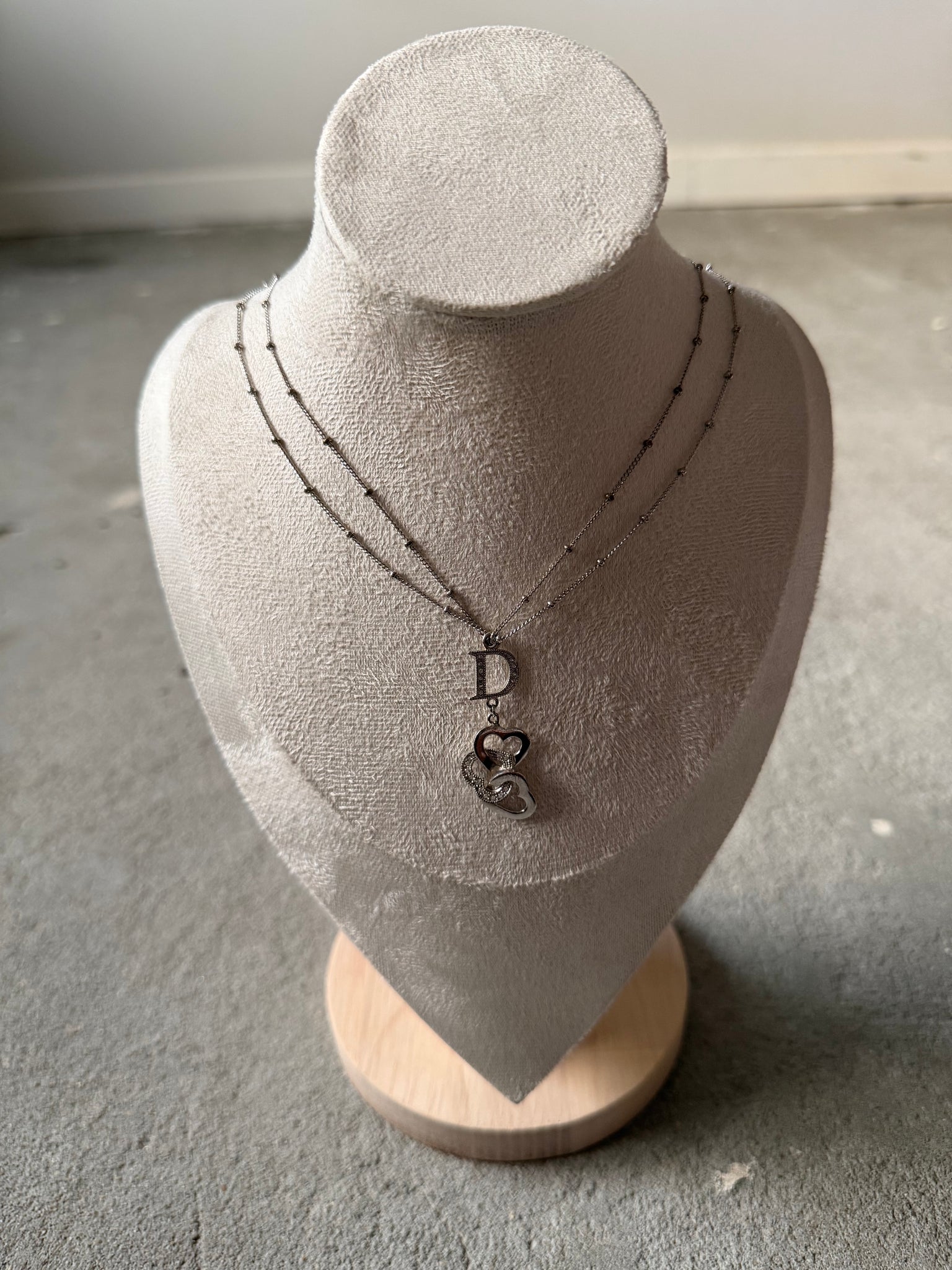 Dior D Multi Heart Rhinestone Necklace Silver