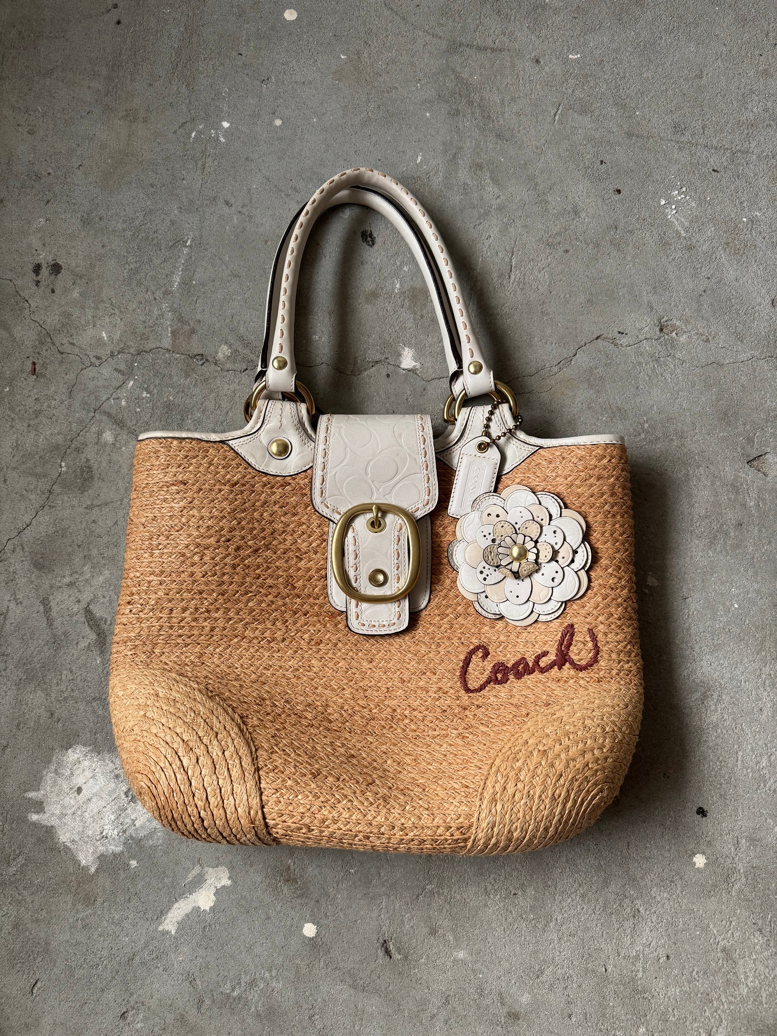 Coach Bleecker Straw Flower Tote Bag Beige/White