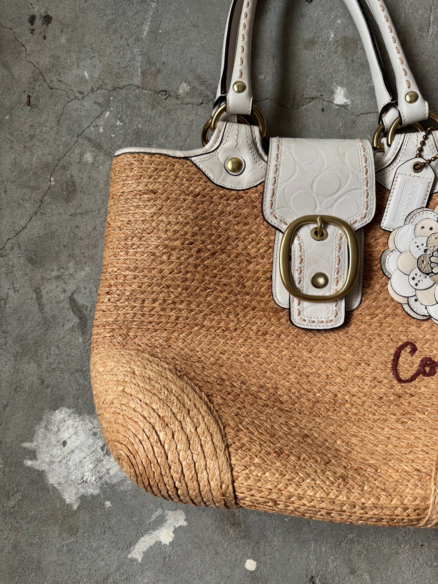 Coach Bleecker Straw Flower Tote Bag Beige/White