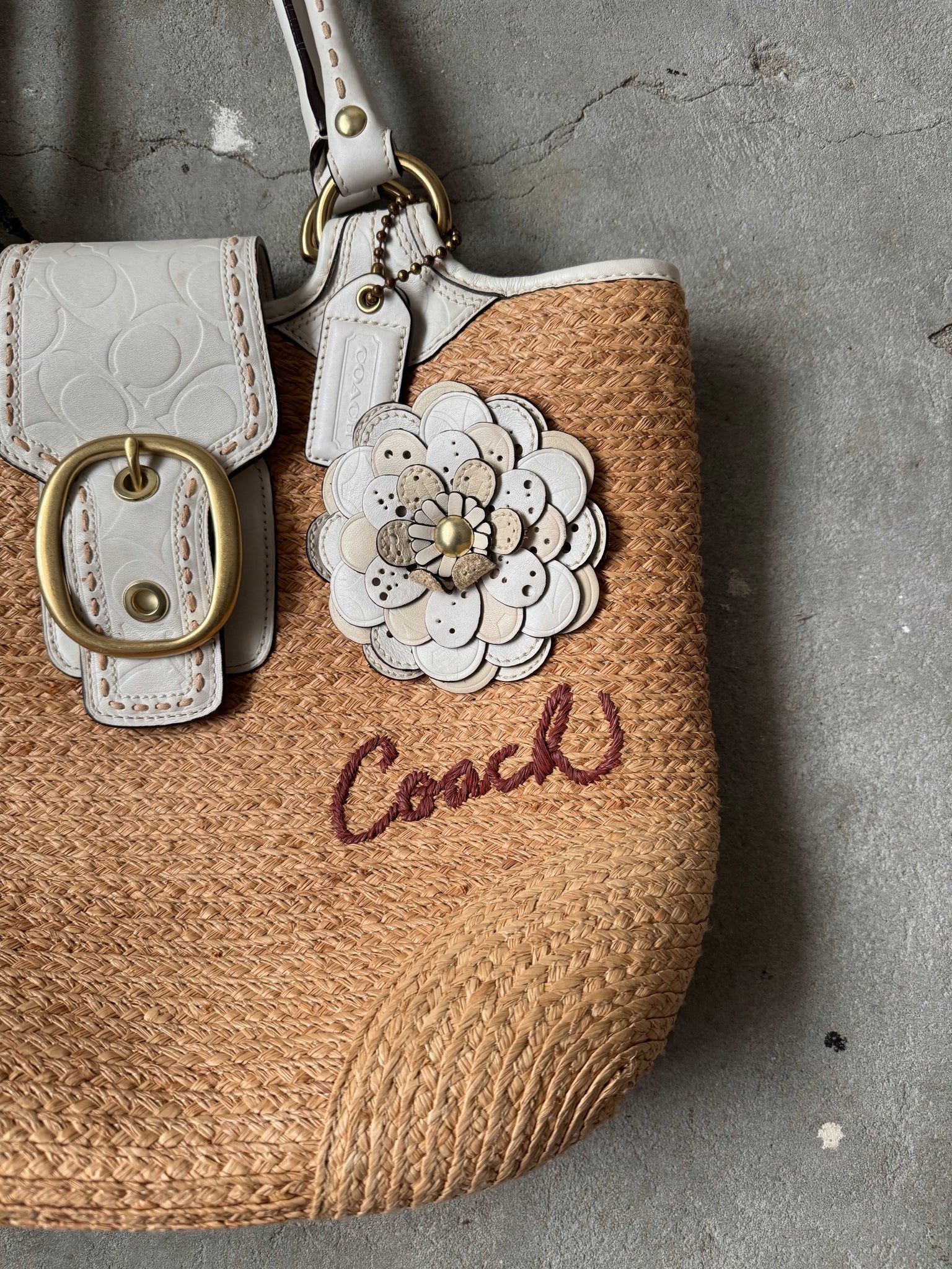 Coach Bleecker Straw Flower Tote Bag Beige/White