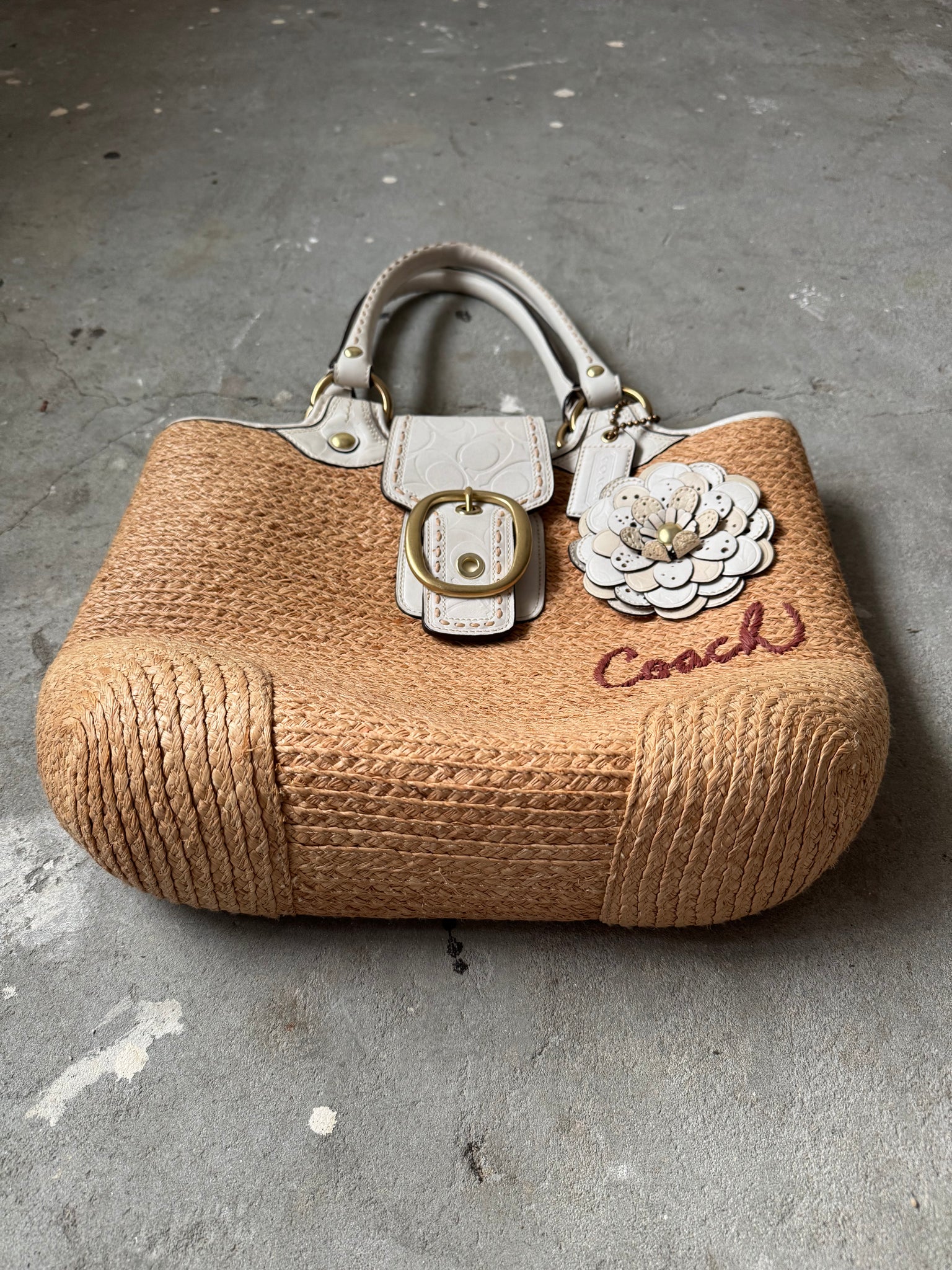Coach Bleecker Straw Flower Tote Bag Beige/White