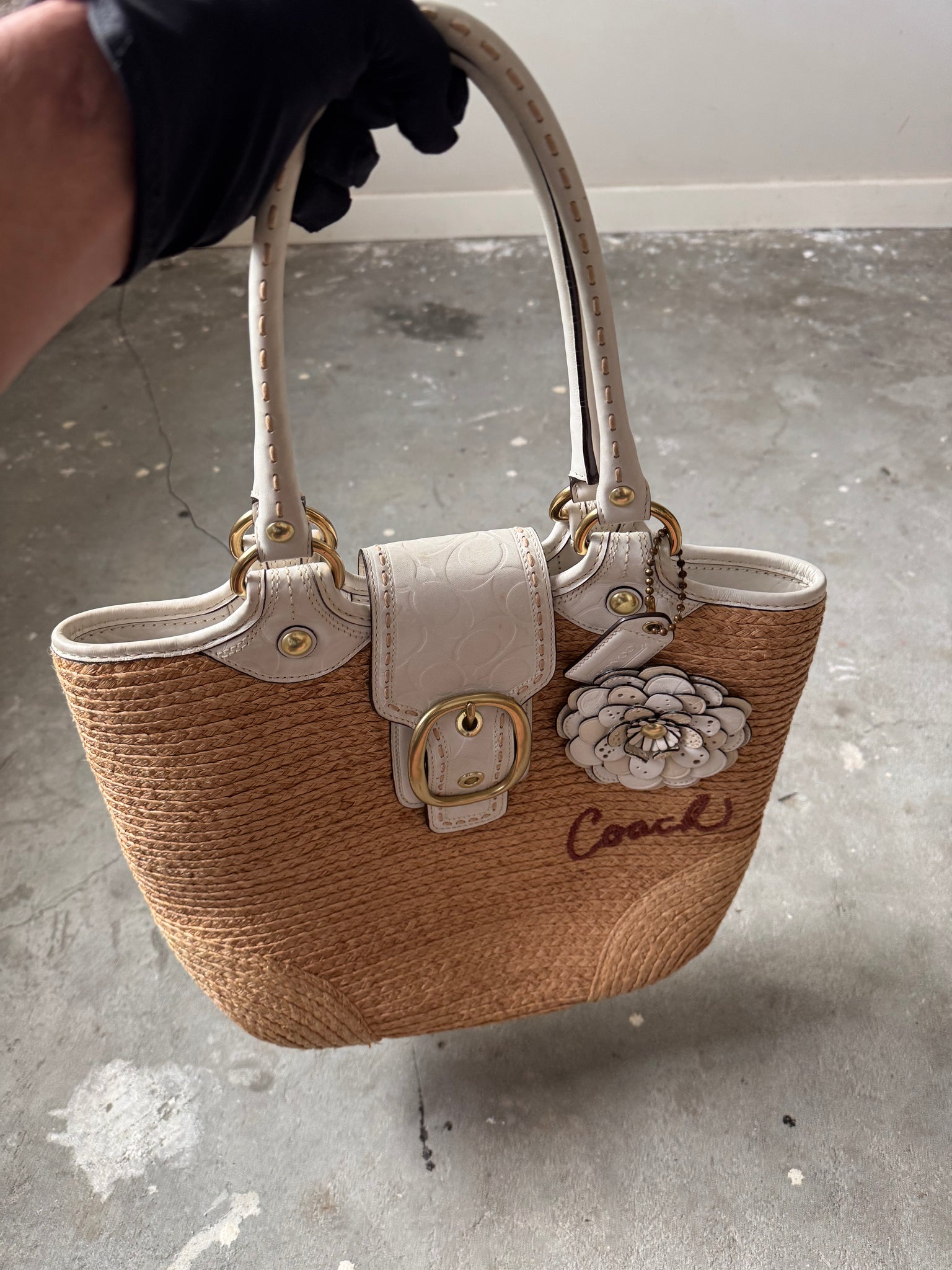 Coach Bleecker Straw Flower Tote Bag Beige/White