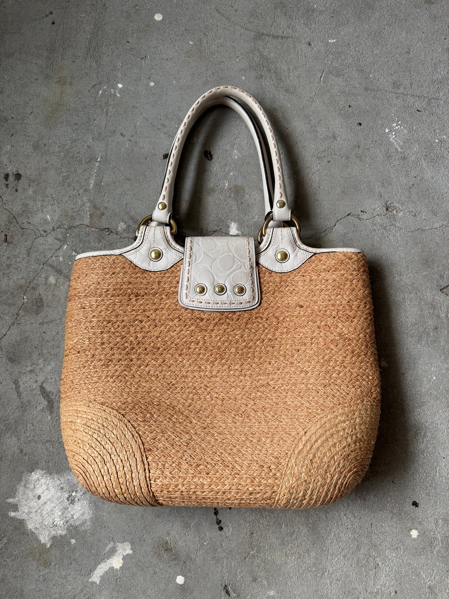 Coach Bleecker Straw Flower Tote Bag Beige/White