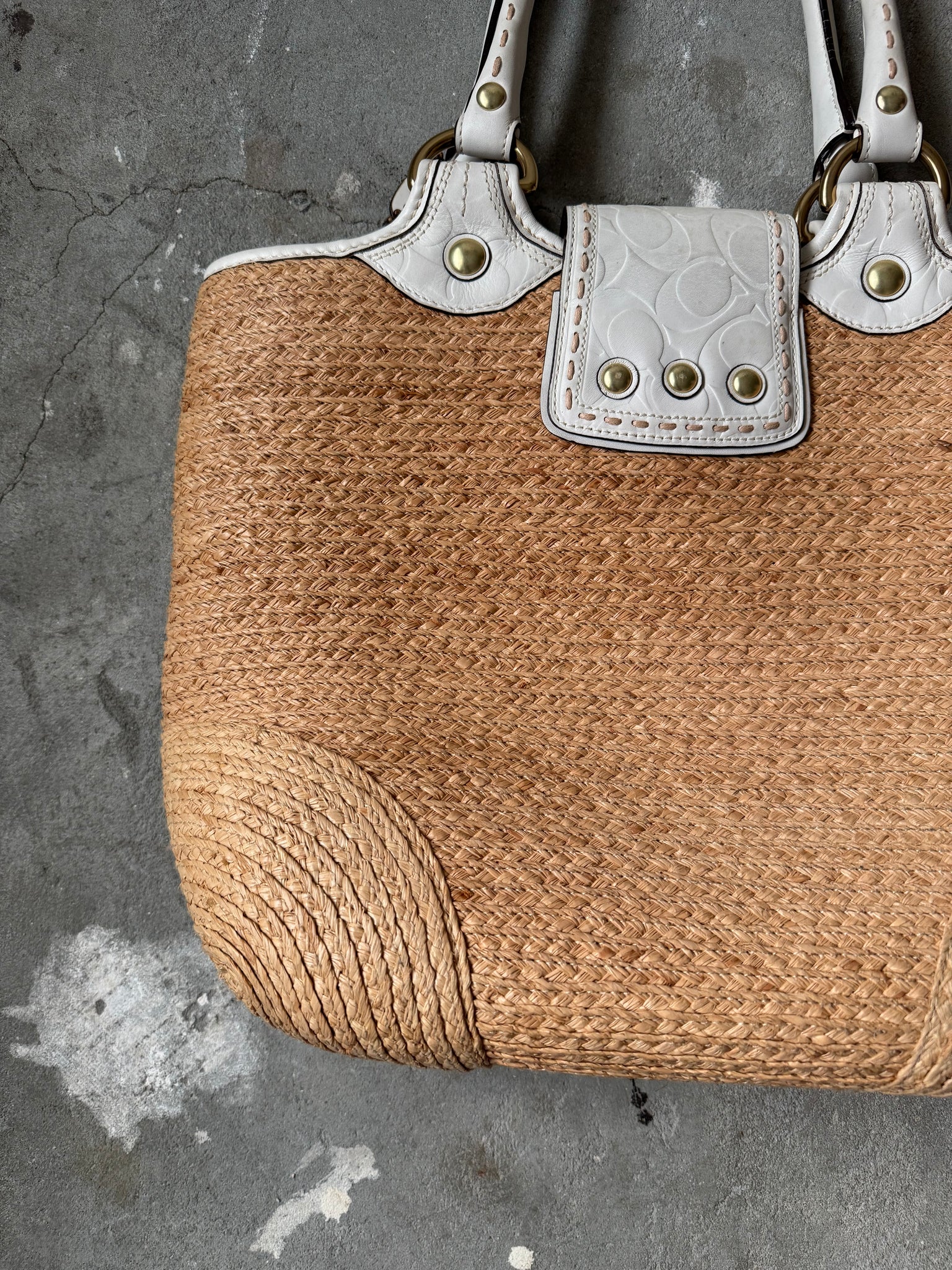 Coach Bleecker Straw Flower Tote Bag Beige/White