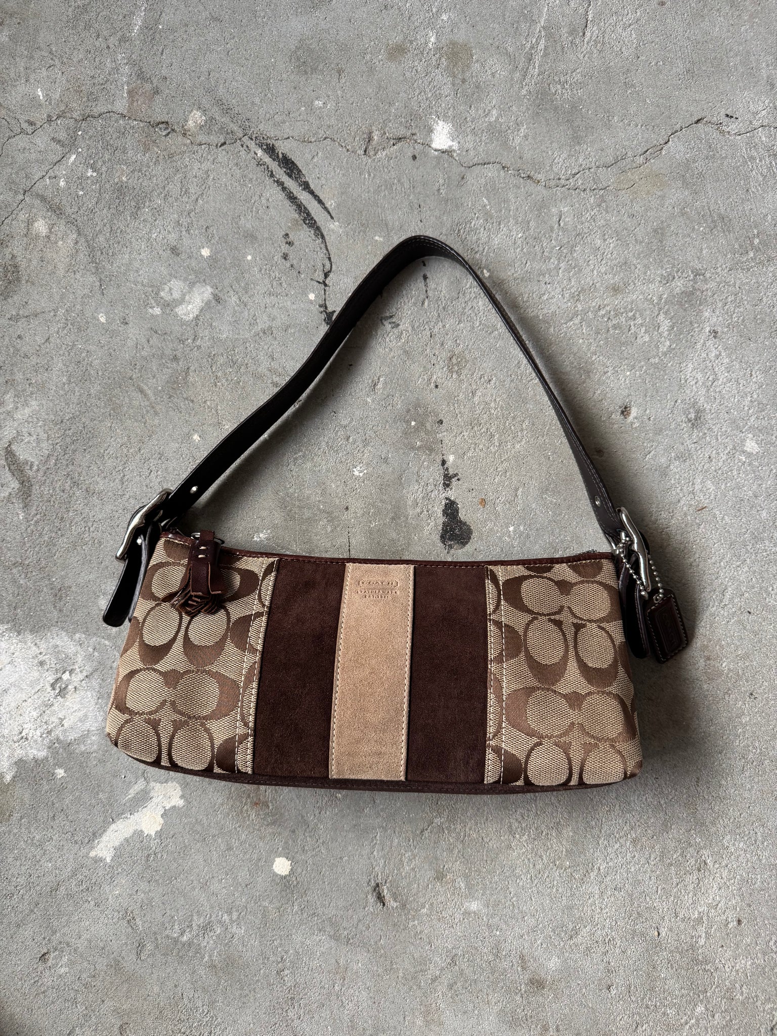 Coach Signature Hampton Strip Baguette Shoulder Bag Beige